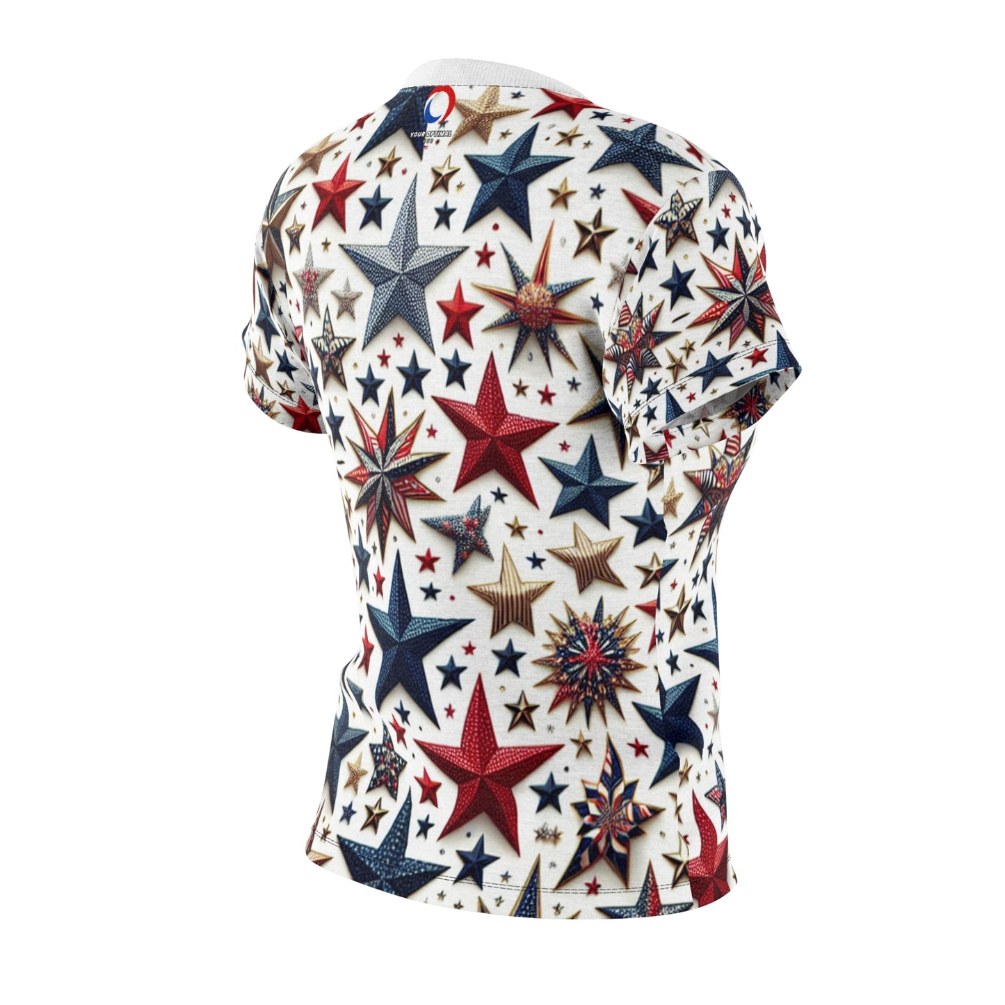 Patriotic Star-Spangled Women's T-Shirt in Red, Blue & Gold for Festive Celebration - Patriotic Streetwear Tee