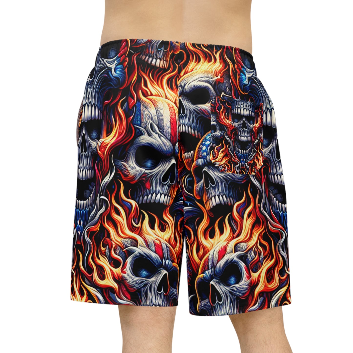 Inferno Skull Symphony: Patriotic Tattoo Artistry Shorts - Patriotic Streetwear Shorts