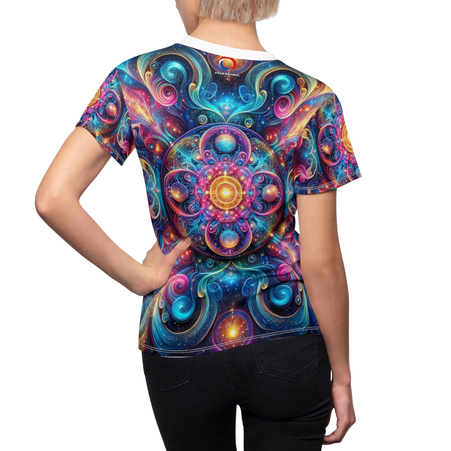 Luminous Cosmic Psychedelic Women's Tee - Dazzling Neon Kaleidoscopic Artwork on Dark Galaxy Background - Women's Trippy Tee