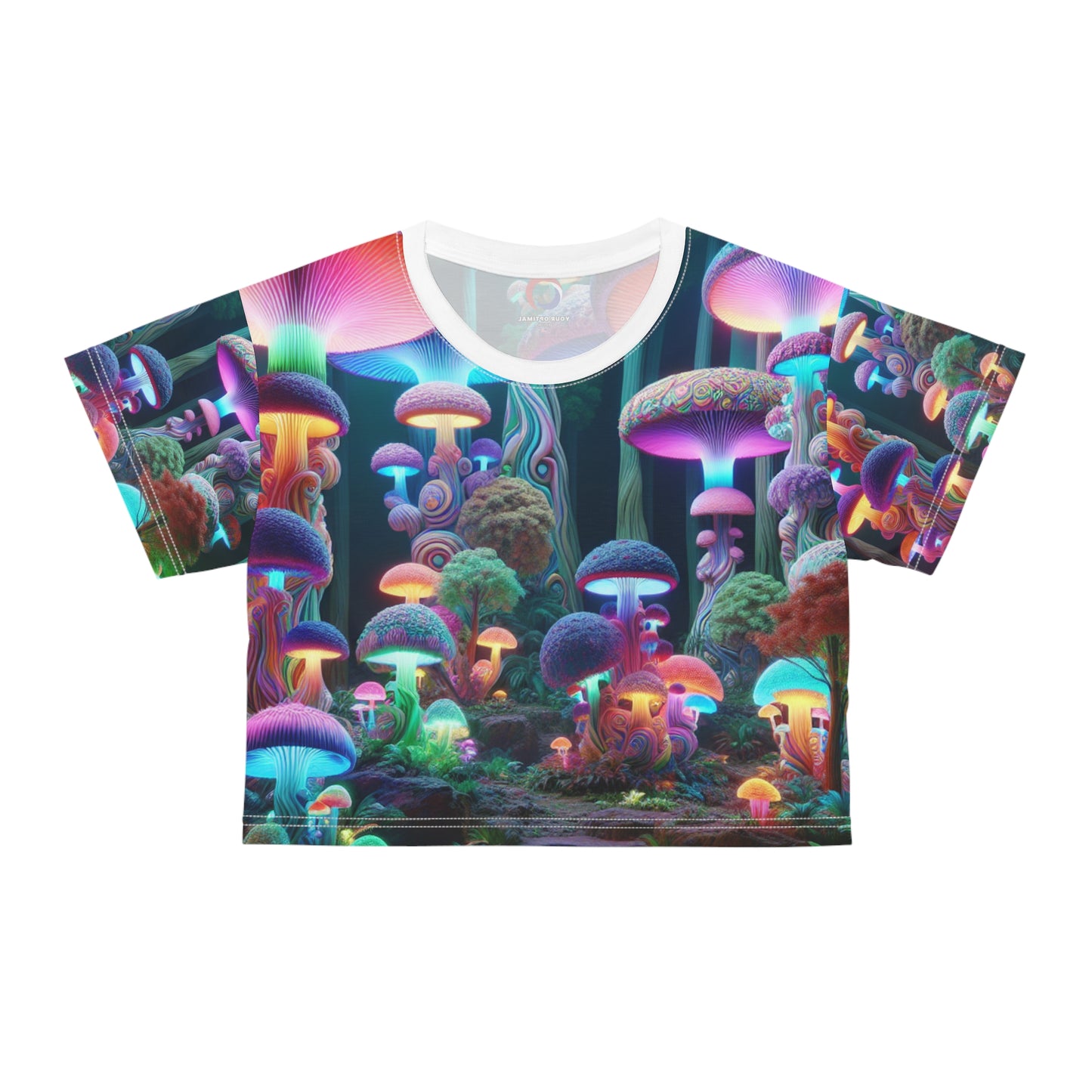 Psychedelic Enchanted Forest 3D Graphic Women's Crop Tee - Surreal Neon Mushroom & Vivid Nature Design - Women's Trippy Tee