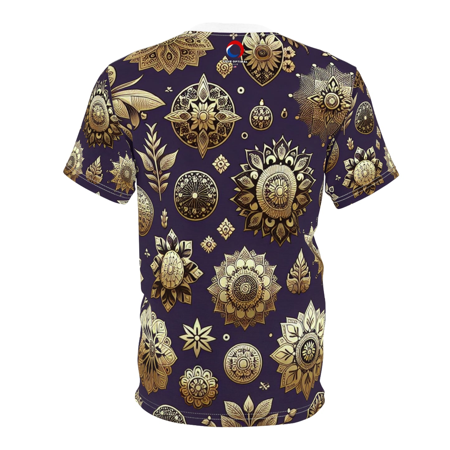 Gold Reflections on Purple: Seamless Indian Motif Pattern T-Shirt, Intricately Designed Traditional & Modern Design Elements - Traditional Indian Motifs Tee