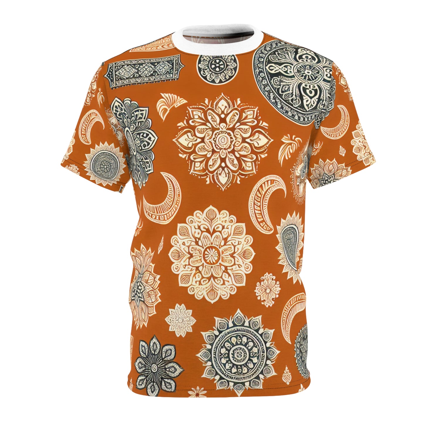 Orange Indian Motif T-Shirt – White Floral & Geometric Pattern, Minimal Ethnic Wallpaper Tee, Traditional India Design Apparel