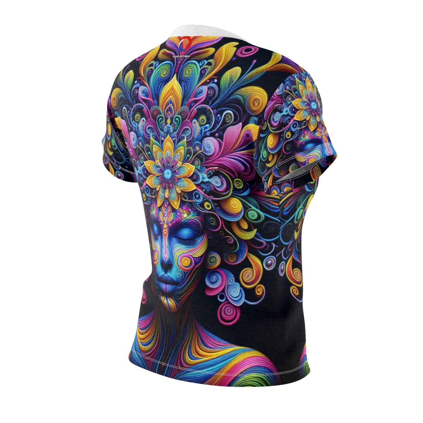 Women's Psychedelic Meditation T-shirt - Vibrant Human Portrait, Abstract Energy Crown, Neon Bloom - Women's Trippy Tee