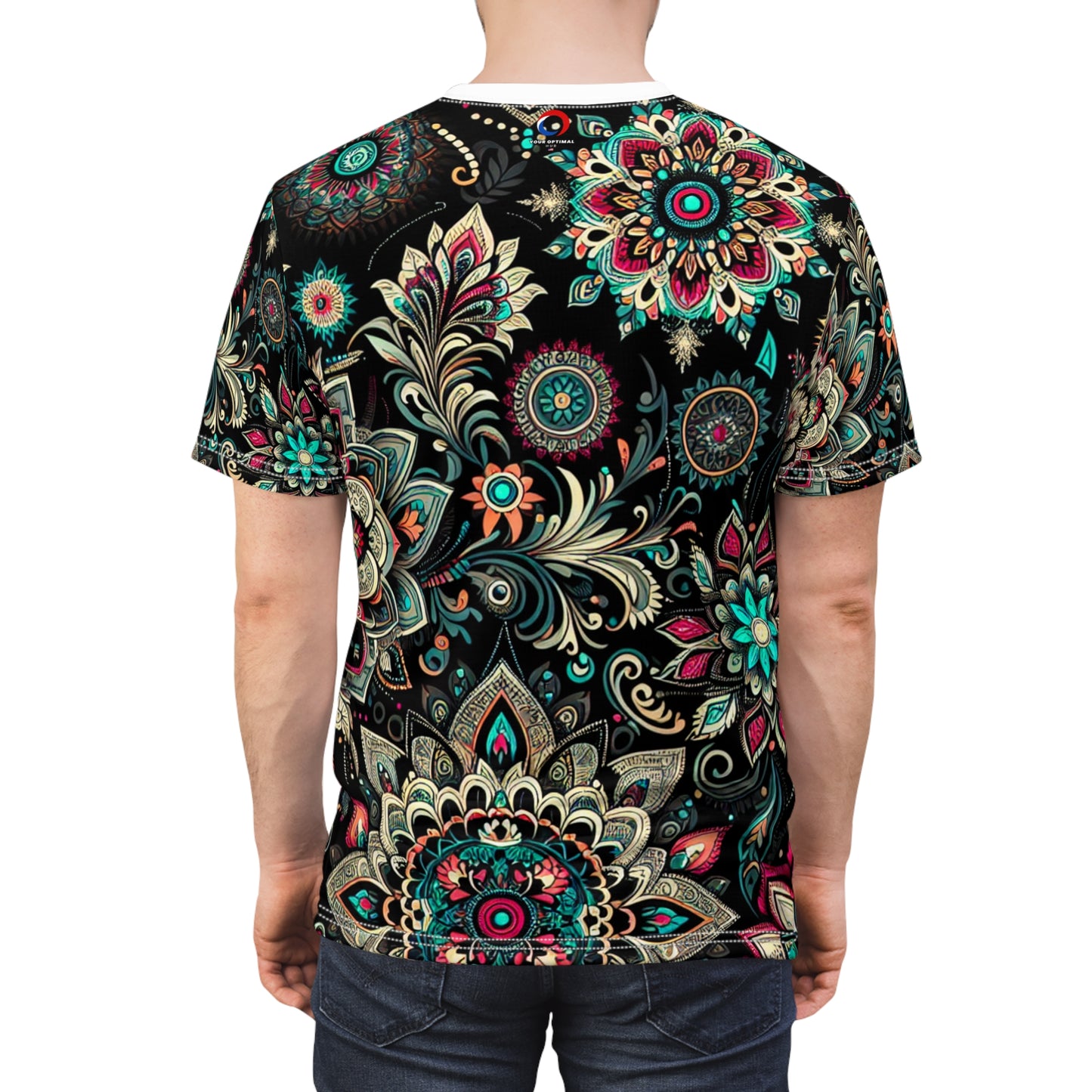 UV Reactive Traditional Indian Motifs T-Shirt - Scattered Radiating Bioluminescent Print on Black Background