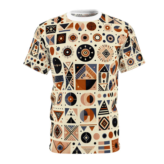 Berber-Inspired Geometric Tattoo Artistry T-Shirt; Earthy-tone Symbolic Storytelling Tee - African Tribal Pattern-Inspired