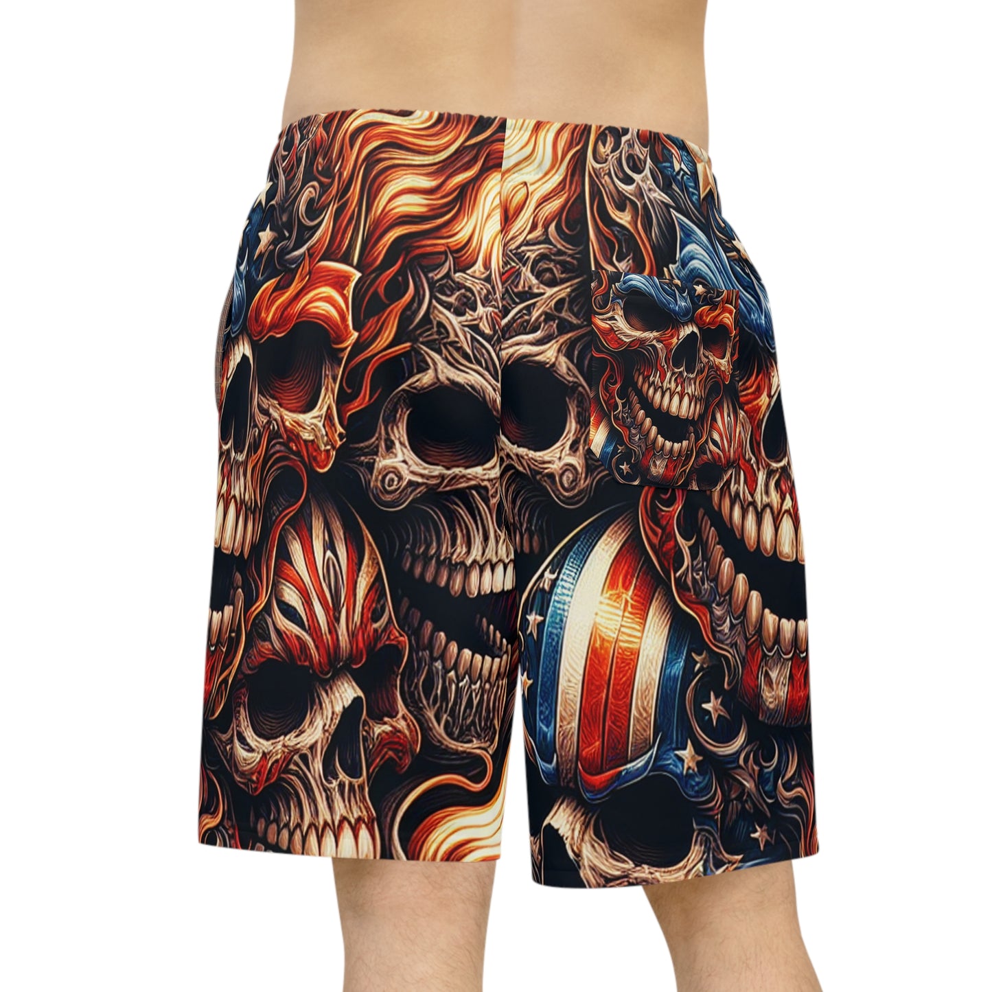 Blazing Patriot Inferno: Skull-Fire Tattoo Hybrid Shorts - Patriotic Streetwear Shorts