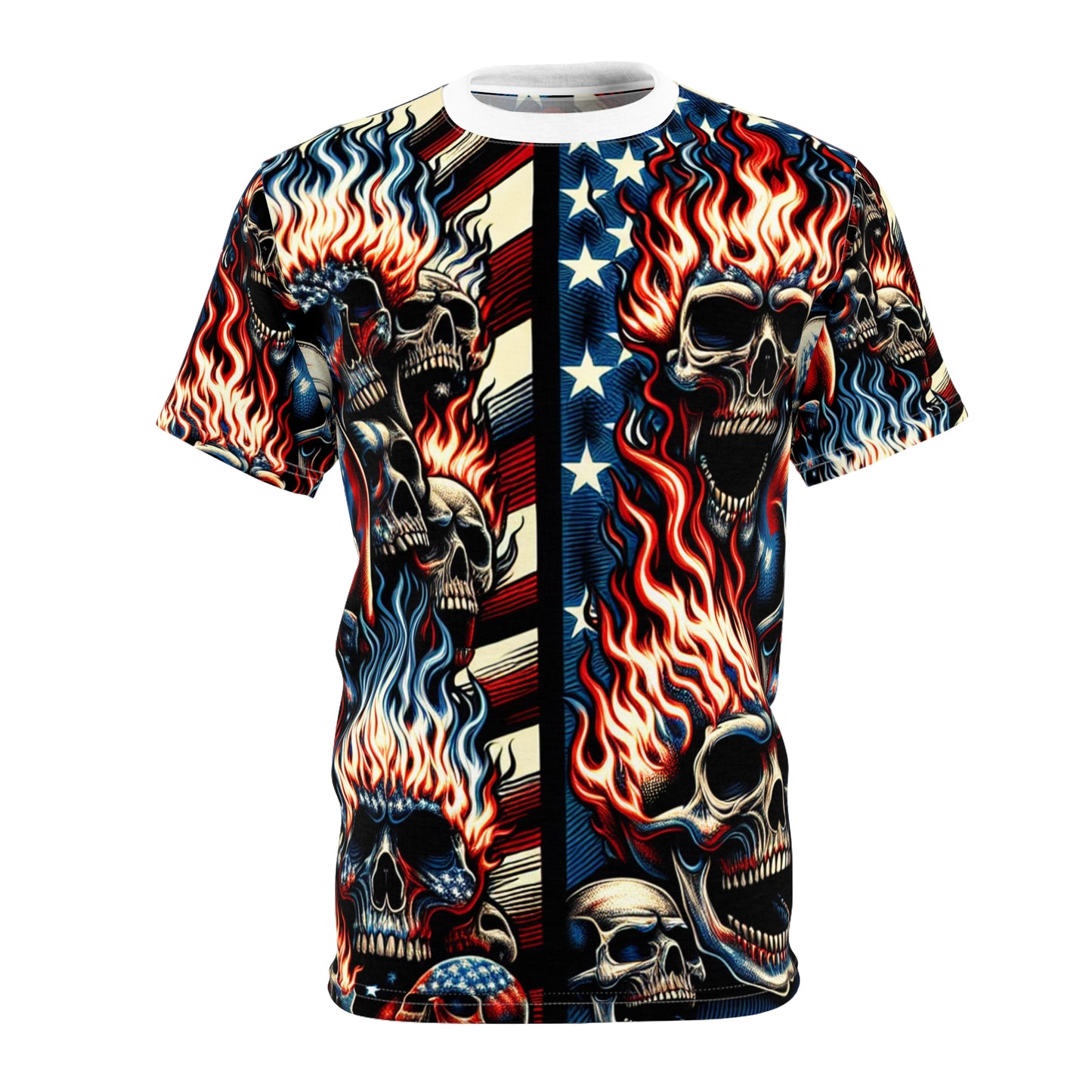 Fiery Patriotic Skulls: Intense & Menacing Tattoo-Style T-Shirt - Patriotic Streetwear Tee