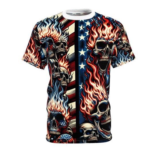 Fiery Patriotic Skulls: Intense & Menacing Tattoo-Style T-Shirt - Patriotic Streetwear Tee