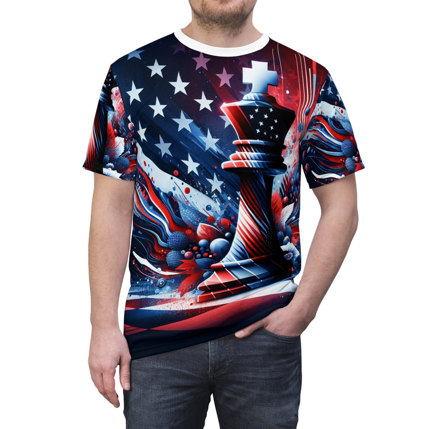 Leadership Checkmate: Vibrant American Flag Chess King-Piece Patriotic Art T-shirt - Patriotic Streetwear Apparel