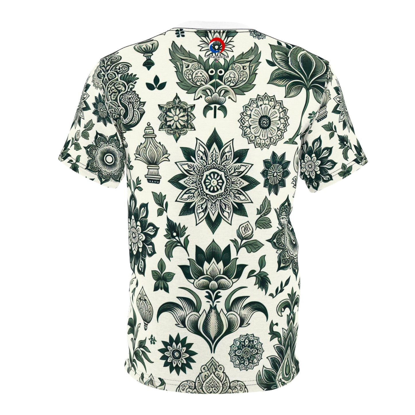 Traditionally Inspired Indian Motif Seamless Patterned T-shirt in White & Green - Intricately Designed Geometric & Floral Arrangement Tee