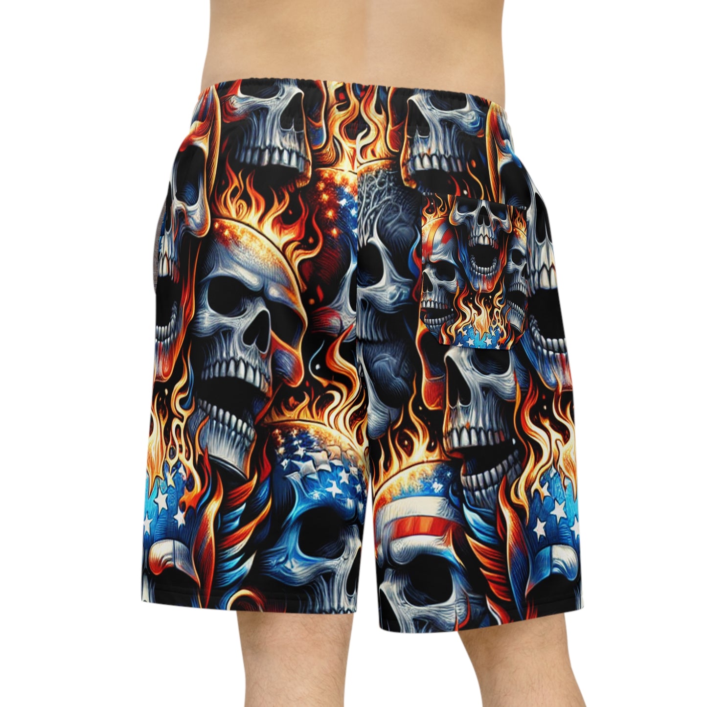 Fiery Skull Spectacle: Patriotic Inferno Edition Shorts - Patriotic Streetwear