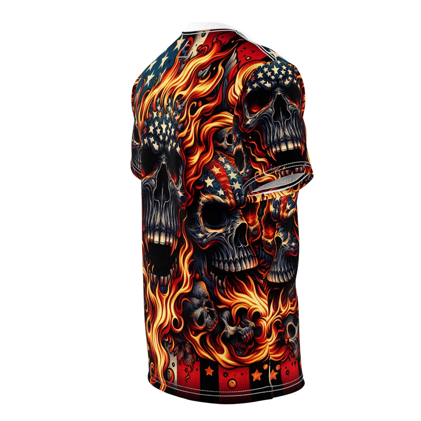 Fiery Patriotic Inferno: Skulls Unleashed in Bold American Glory T-shirt - Patriotic Streetwear Tee