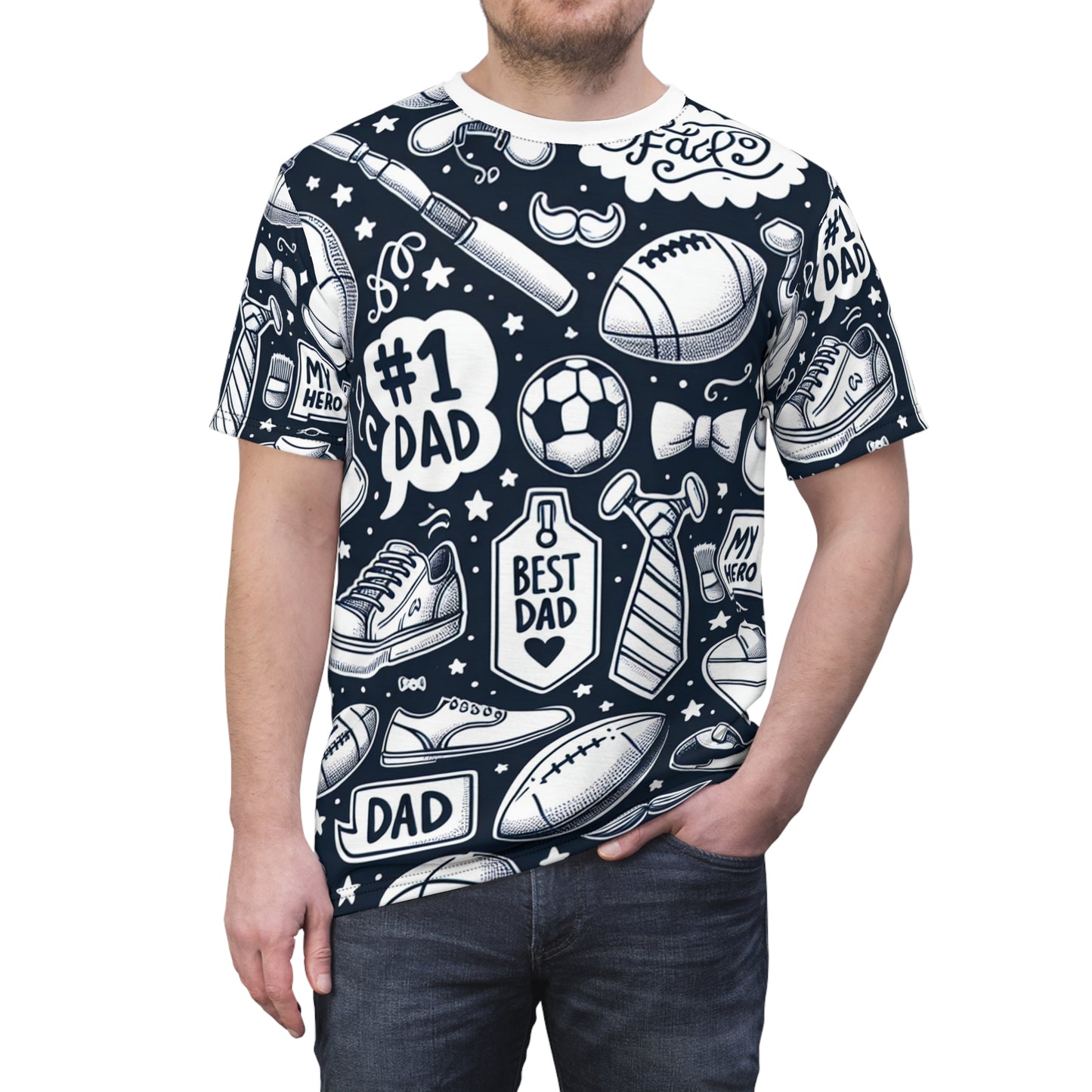 King Dad: Monochromatic Tribute T-Shirt - Playful Seamless Pattern with BBQ Grill, Camera, #1 Dad Icons - Father's Day Tee