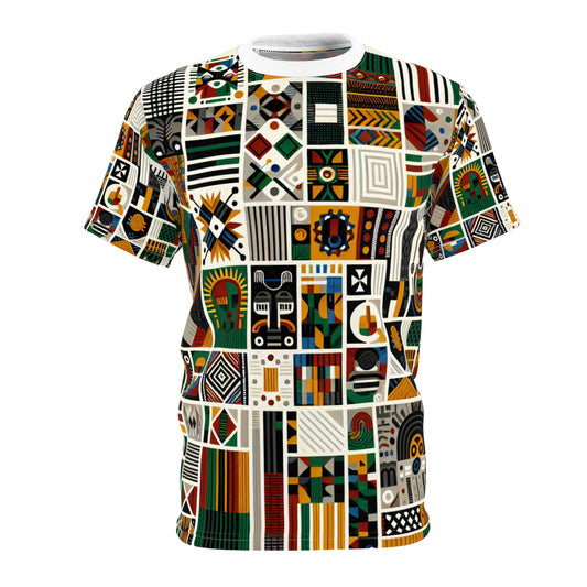 Pan-African Pride T-shirt: Bold Geometric & Cultural Symbols in Vibrant Kente Collage - African Tribal Pattern-Inspired Tee