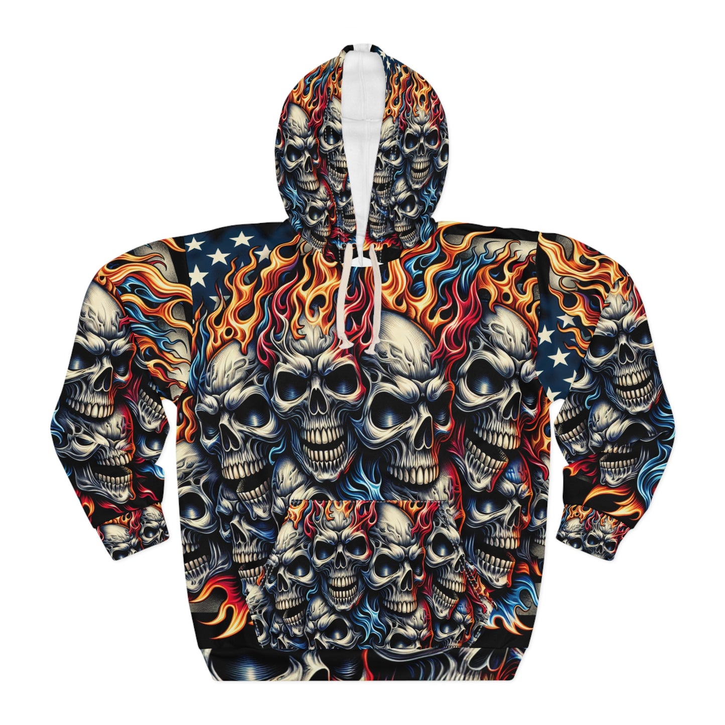 Menacing Blaze: Enflamed Skulls on Patriotic Ground Hoodie - Patriotic Streetwear Hoodie