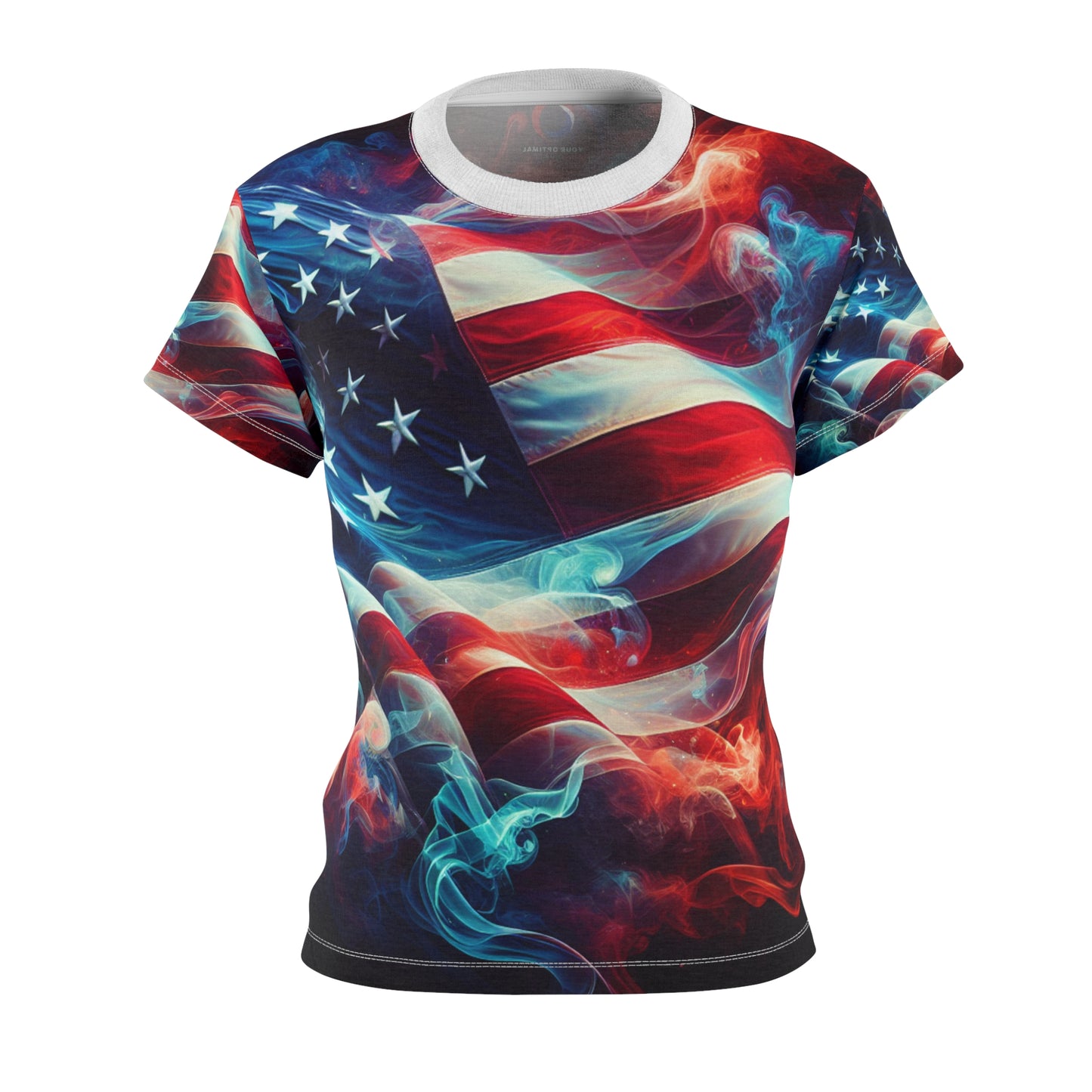 Mystic Smoke & Flag Women's T-shirt: Artful USA Pride in Transitioning Deep Red to Rich Blue - Patriotic Streetwear Tee