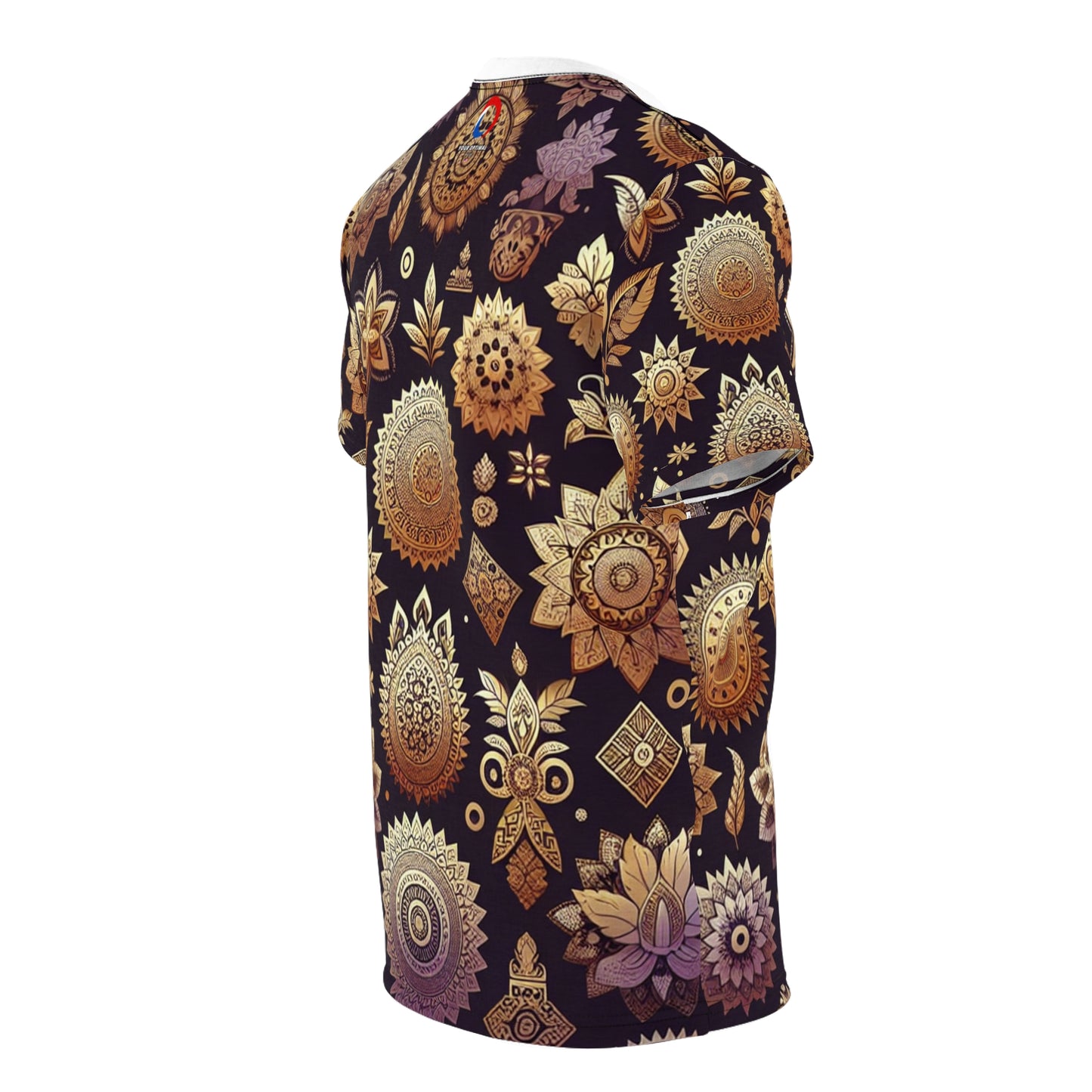 Golden Mirage: Traditional Indian Motif T-shirt in Intricately Designed Floral & Geometric Shapes on Vibrant Purple, Embodying Rich Indian Heritage