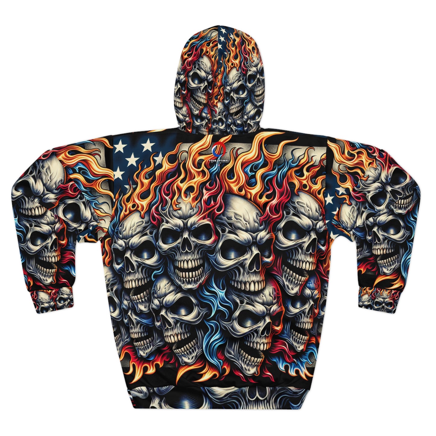 Menacing Blaze: Enflamed Skulls on Patriotic Ground Hoodie - Patriotic Streetwear Hoodie