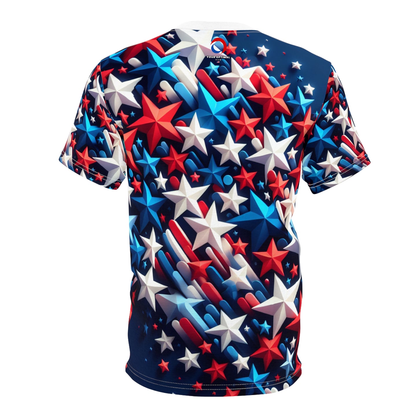 Vibrant 3D Stars Design T-shirt: Red, White & Blue - Patriotic Celebration Tee on Rich Navy Blue - American Streetwear