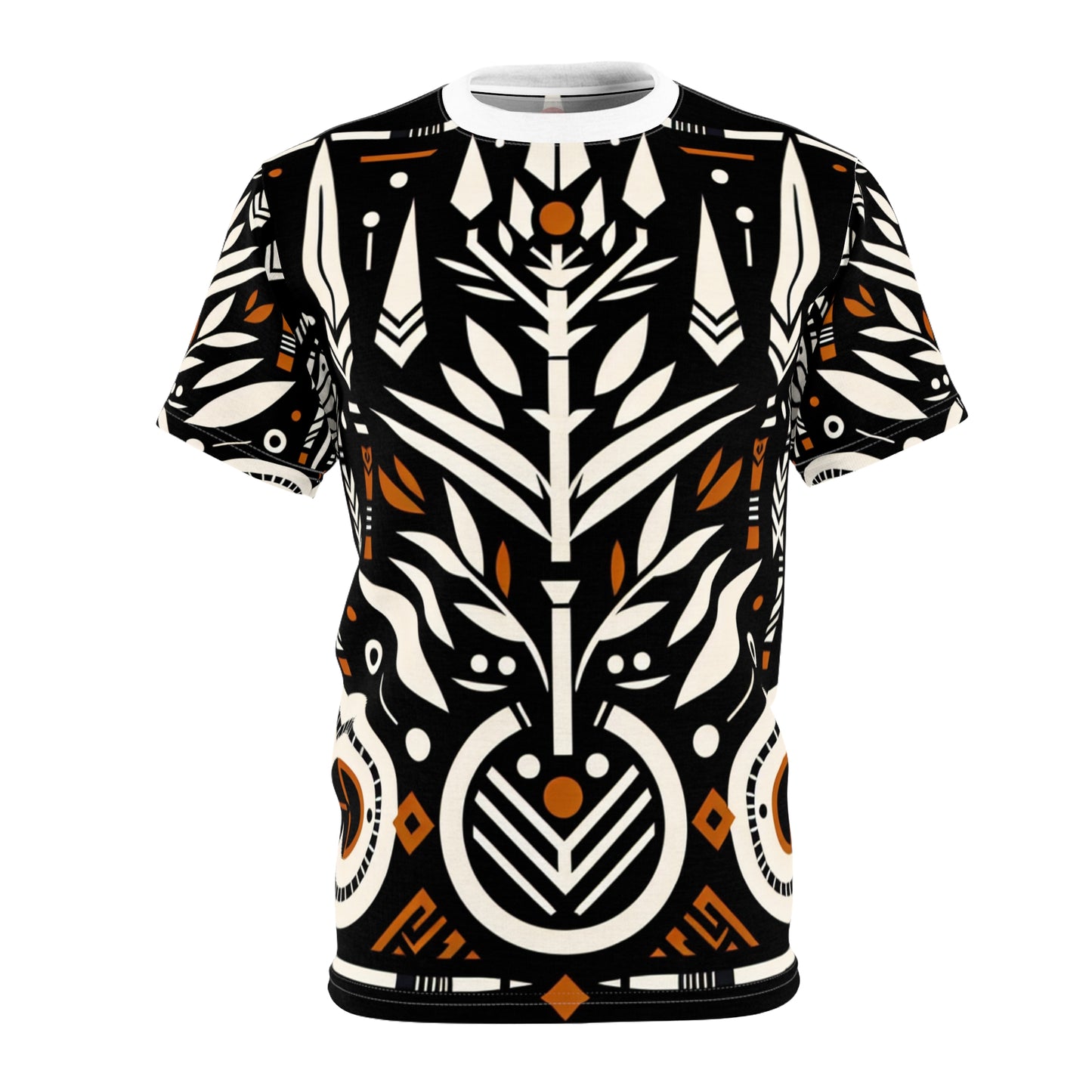 Bold African Artistry T-shirt: Monochrome, Orange Accents, Nature & Warfare Symbols - African Tribal Pattern-Inspired Tee