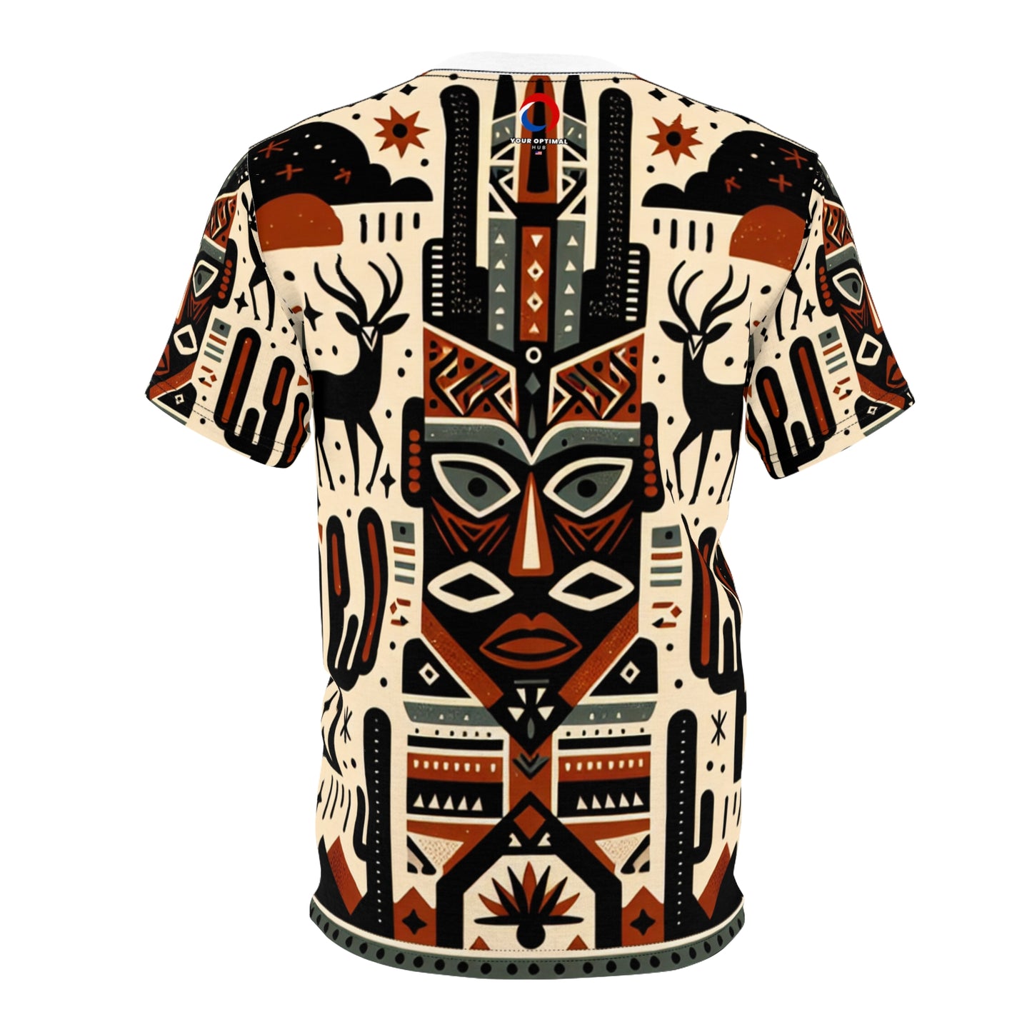 African-Southwestern Fusion T-Shirt: Tribal Totem with Geometric Wildlife in Warm Earthy Tones - African Tribal Pattern-Inspired