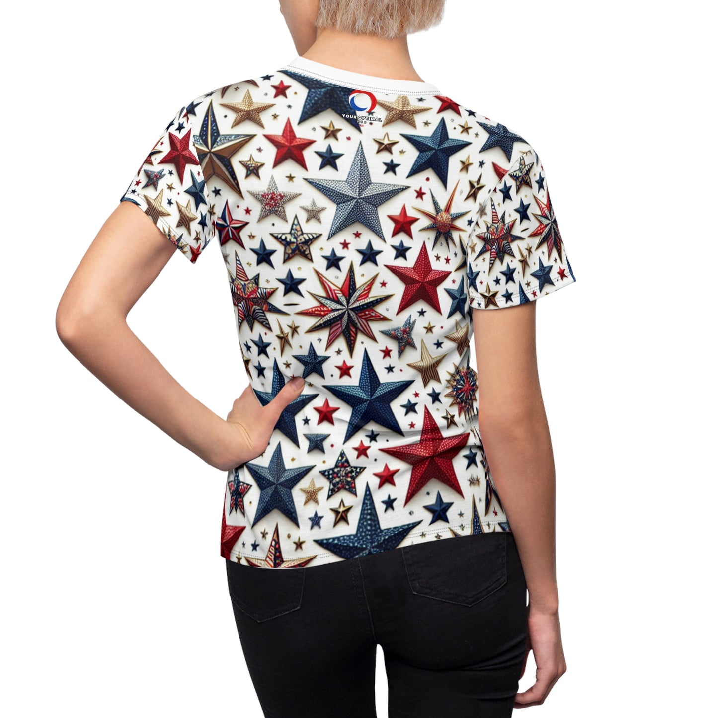 Patriotic Star-Spangled Women's T-Shirt in Red, Blue & Gold for Festive Celebration - Patriotic Streetwear Tee