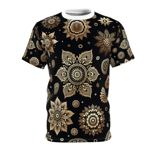 Luxurious Golden Indian Motif Tee - Scattered Traditional Designs on Black - Rich Heritage Elements - Floral & Geometric Styles