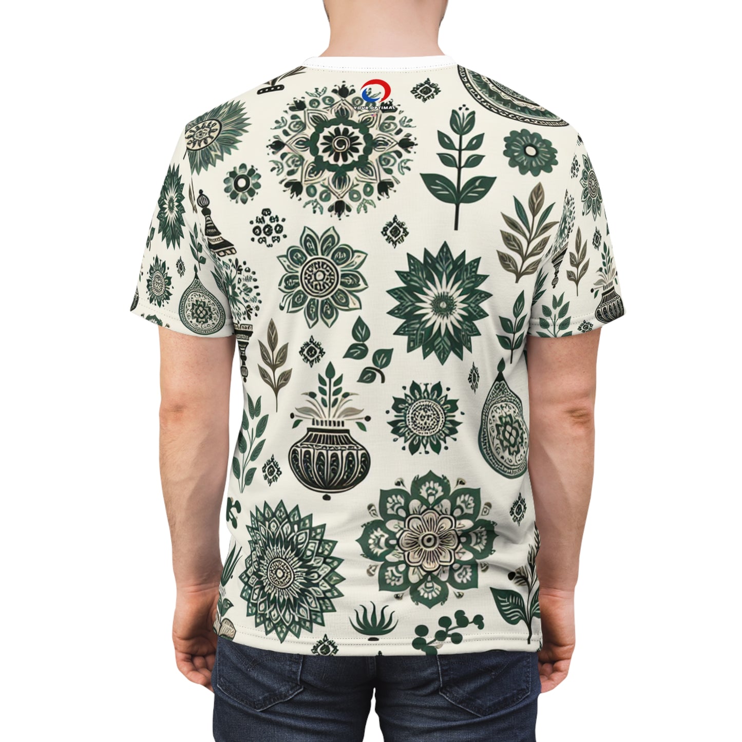 Classic Indian Heritage Motif Collection - Green & White Seamless Pattern T-Shirt - Traditional Floral & Geometric Shapes on Premium White Background