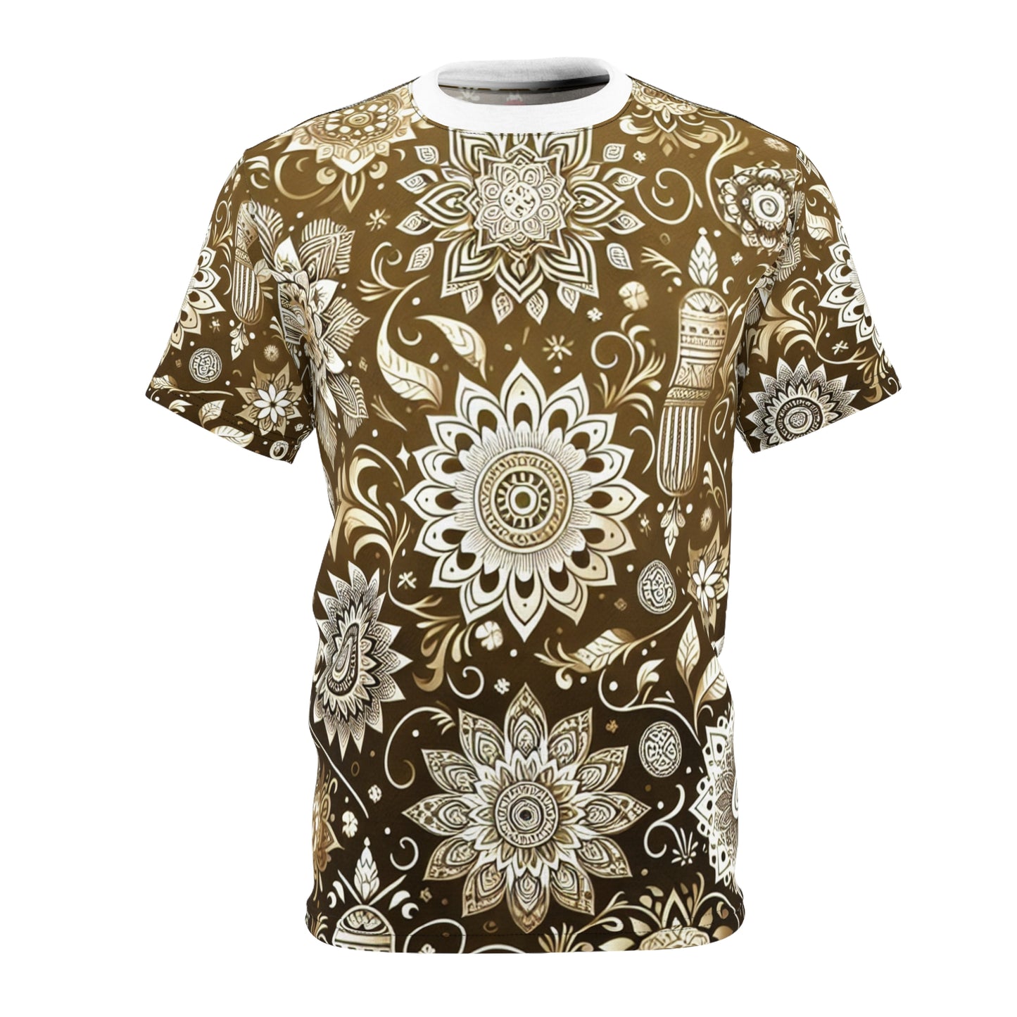 Indian Heritage Collection: Luxury Gold and White T-Shirt with Detailed Traditional Motifs and Geometric Floral Pattern for Modern Fashion