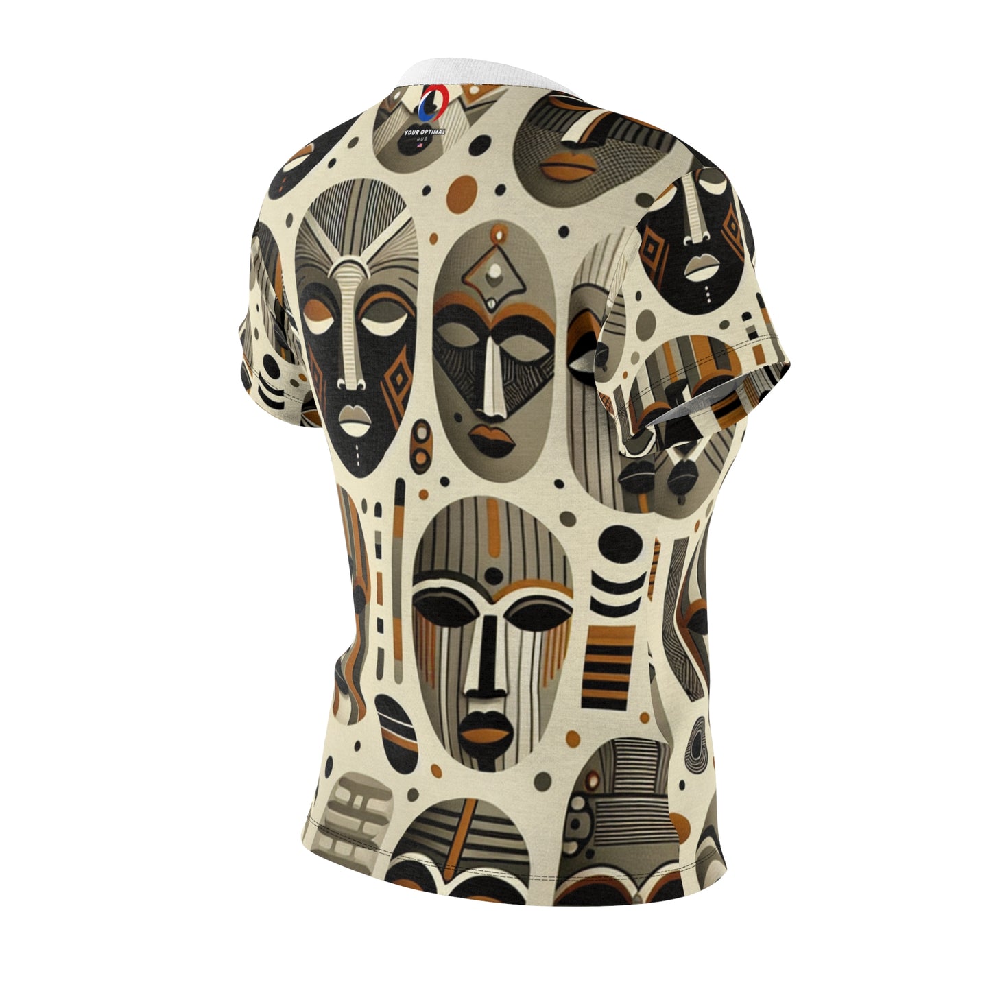 African Heritage Artistry: Women's Tee with Rich, Monochromatic Masks Tapestry, Modern Meets Tradition - African Tribal Pattern-Inspired