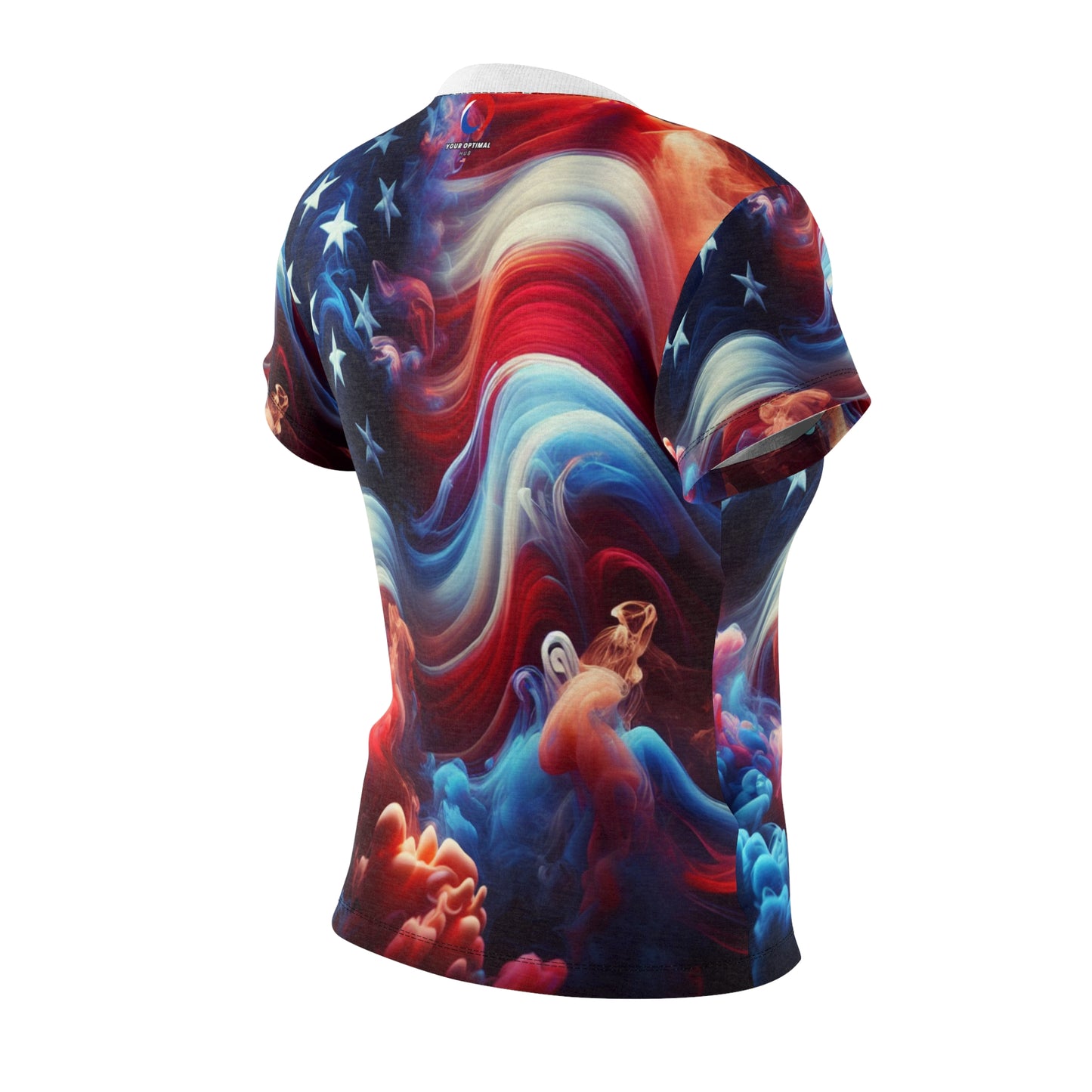 Mystical American Flag Women's T-Shirt: Surreal Stars & Stripes with Flowing Color Smoke - Patriotic Streetwear Tee