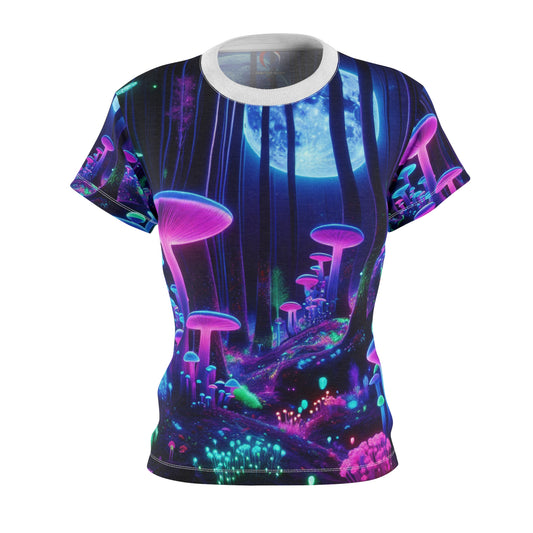 Women's UV-Reactive T-Shirt: Enchanted Night Forest with Neon Mushrooms, Glow-in-the-Dark Flora & Fireflies - Women's Blacklight Tee