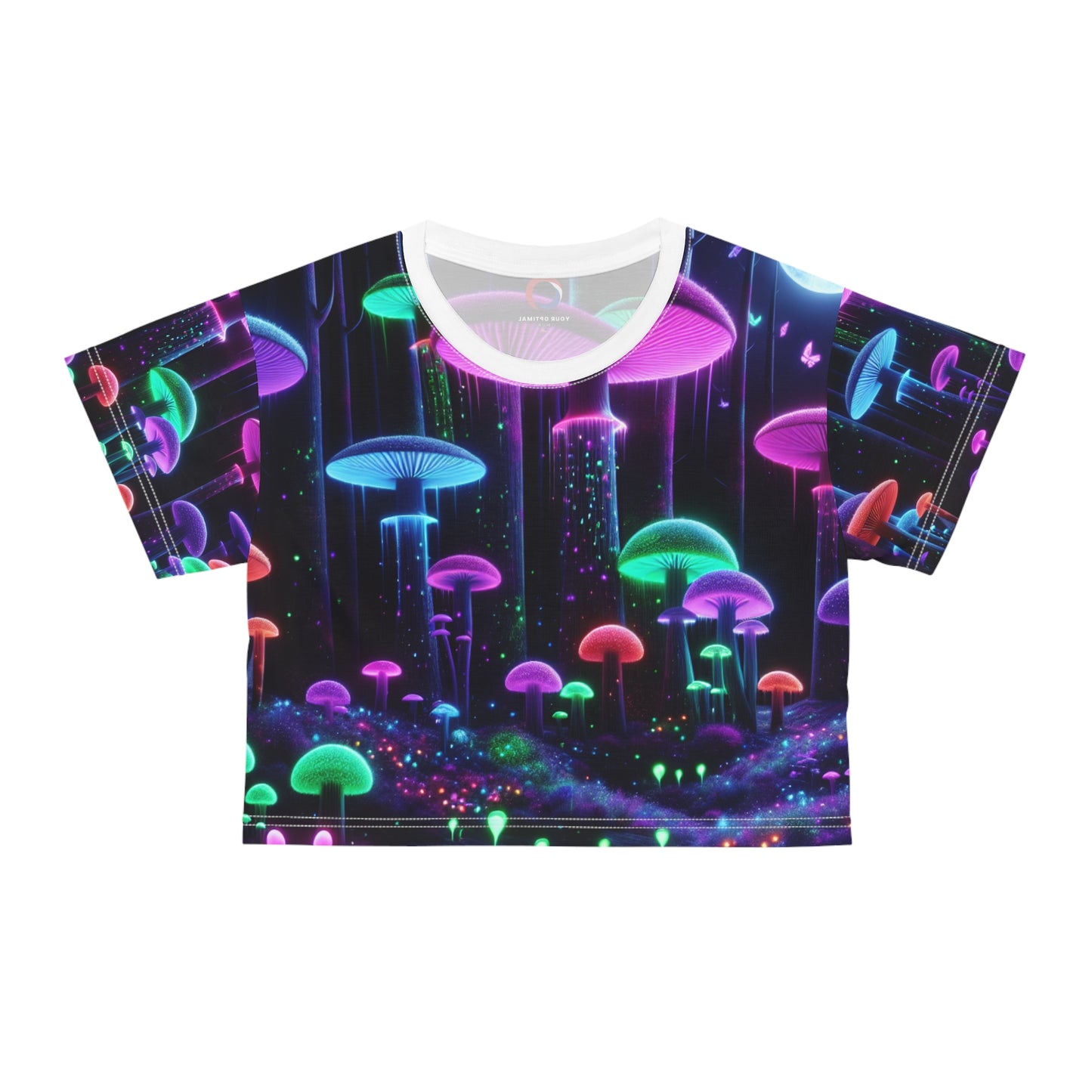 Mystical Moonlit Forest Glow: Blacklight-Ready Crop Tee with Neon Mushrooms, UV-Fluorescent Flora - Women's Blacklight Tee