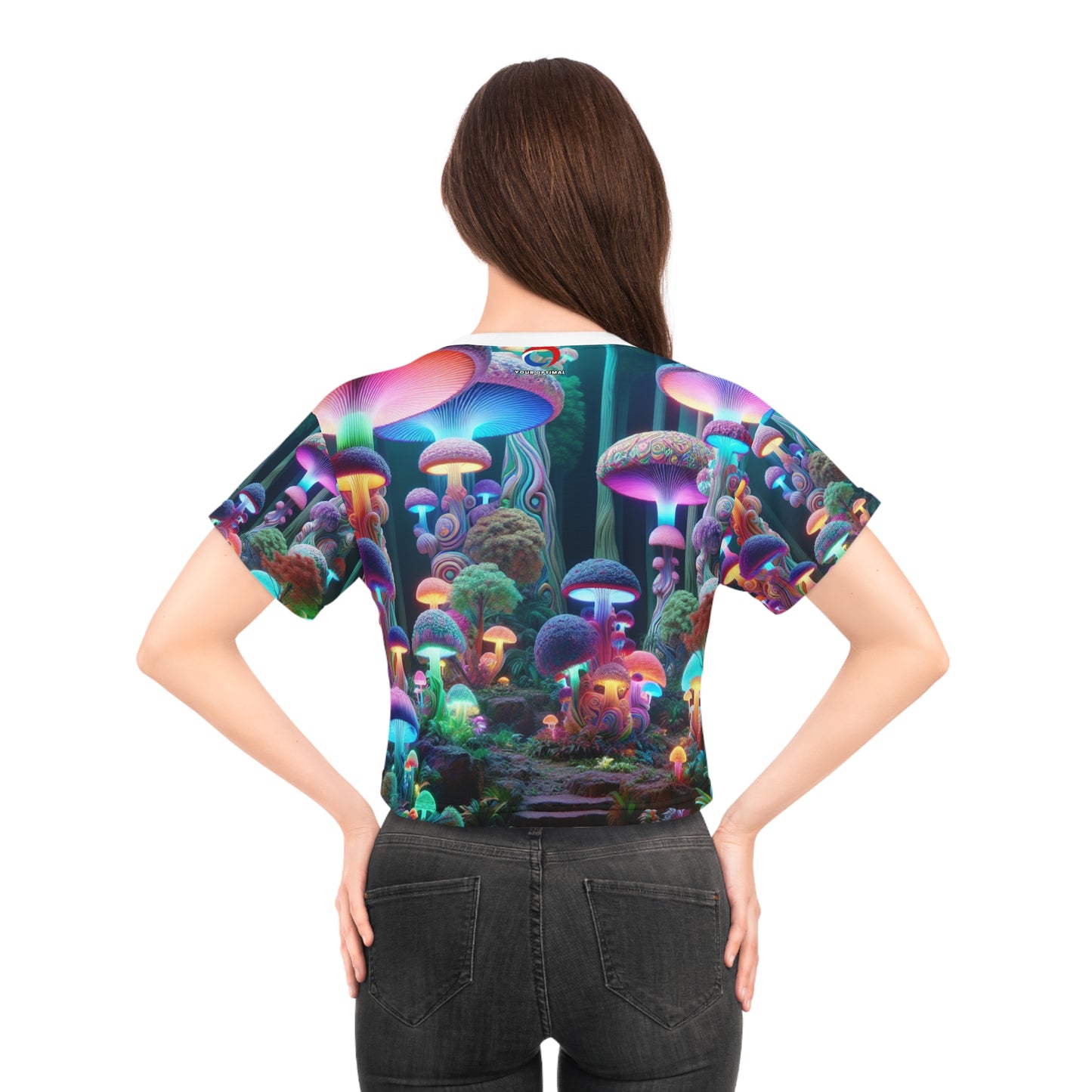 Psychedelic Enchanted Forest 3D Graphic Women's Crop Tee - Surreal Neon Mushroom & Vivid Nature Design - Women's Trippy Tee