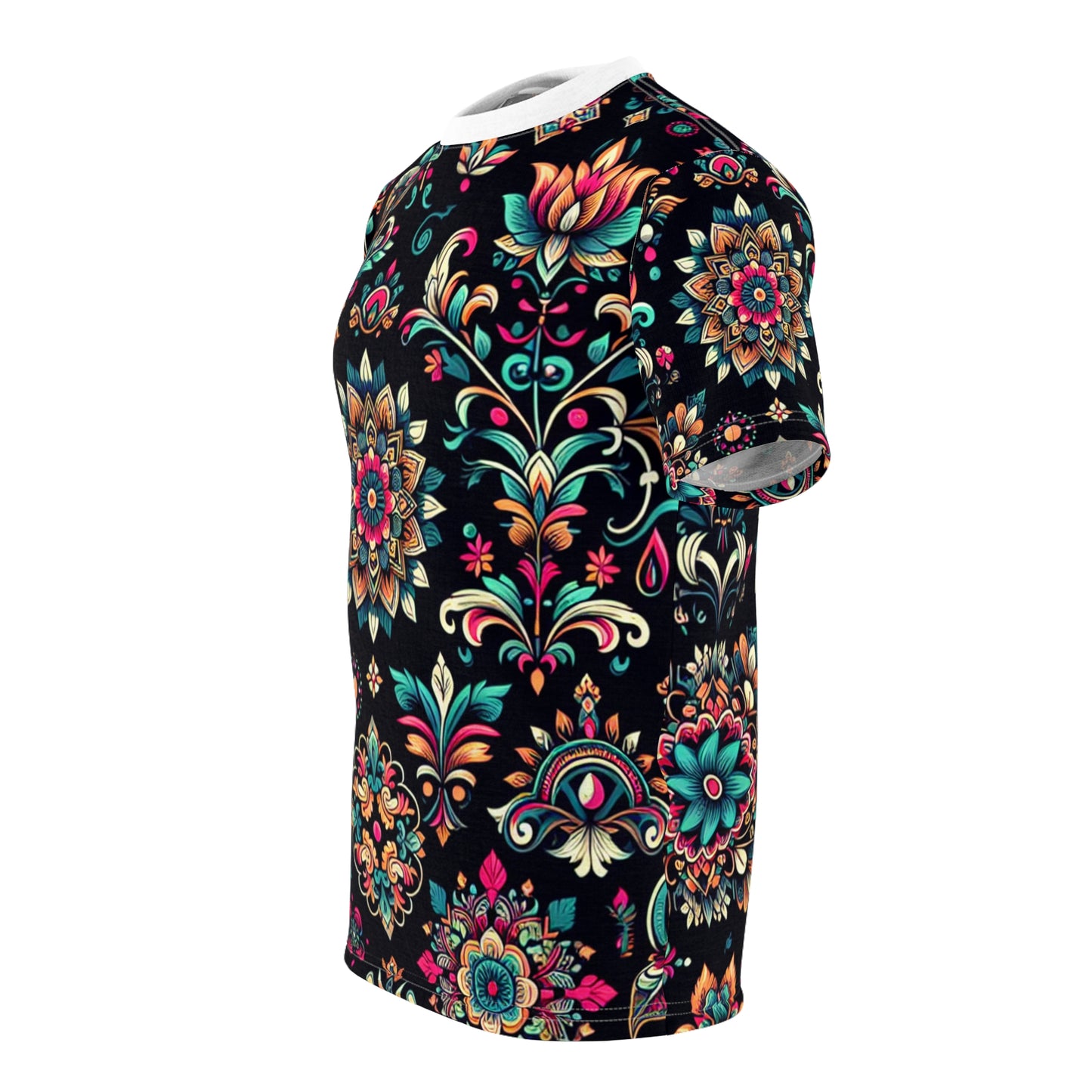 UV-Reactive Bioluminescent Bohemian T-Shirt featuring Scattered Neon Indian Motifs on Black Background