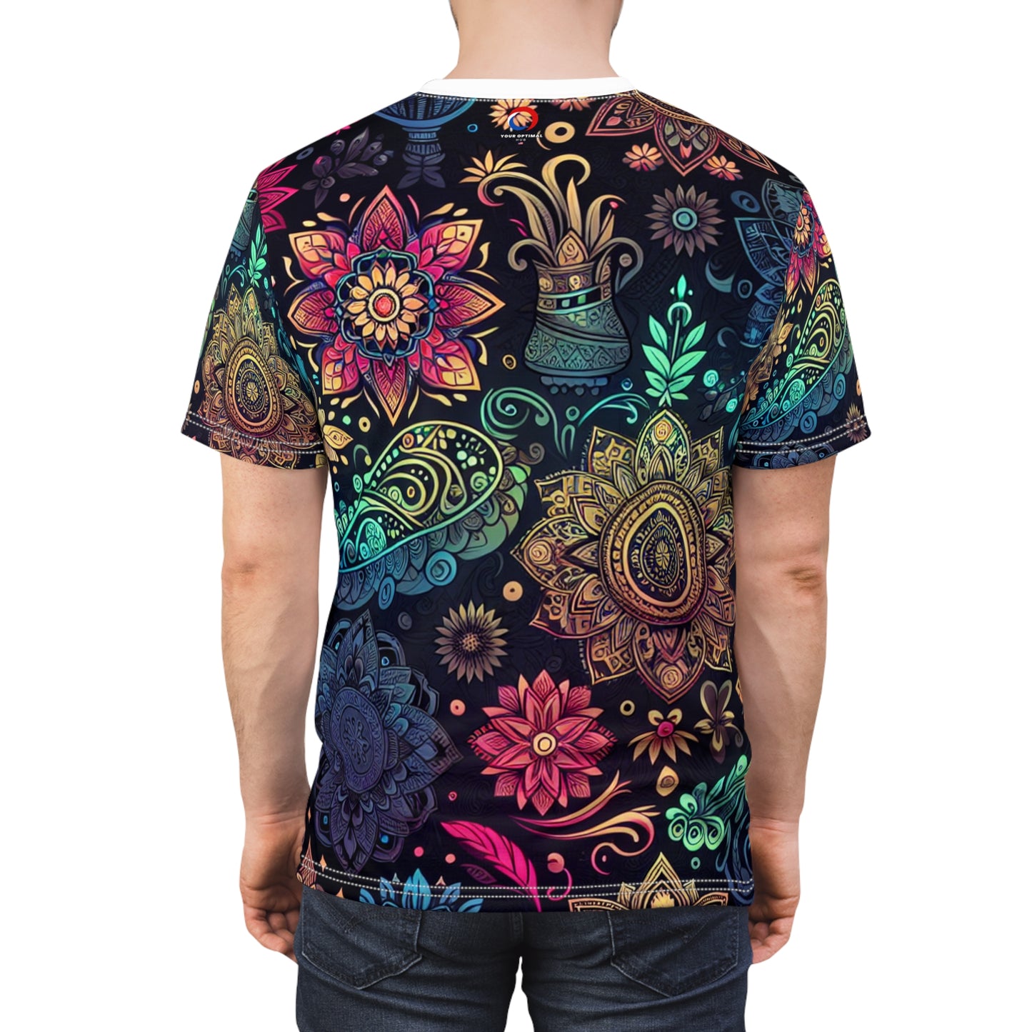 UV Reactive Indian Motif T-Shirt – Neon Bioluminescent Floral & Geometric Pattern on Black – Traditional Desi Style Glow Tee