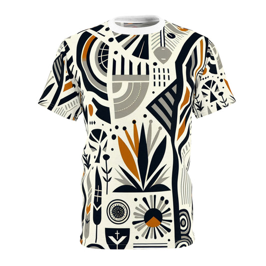 Modern African-Graphic Fusion Tee - Monochrome & Orange, Nature-Warfare Symbols - African Tribal Pattern-Inspired