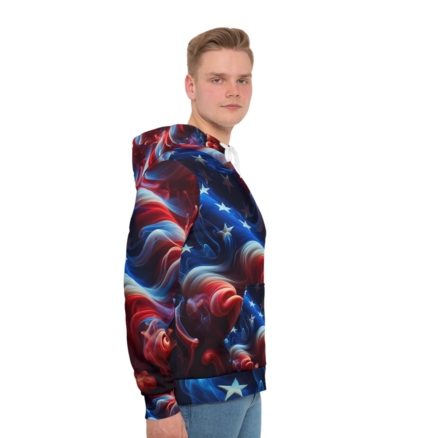 Mystical Dreamland USA Flag Infused Sweatshirt - Artistic Fluid Smoke Design Unisex Hoodie - Deep Red to Rich Blue Transitioning Colors