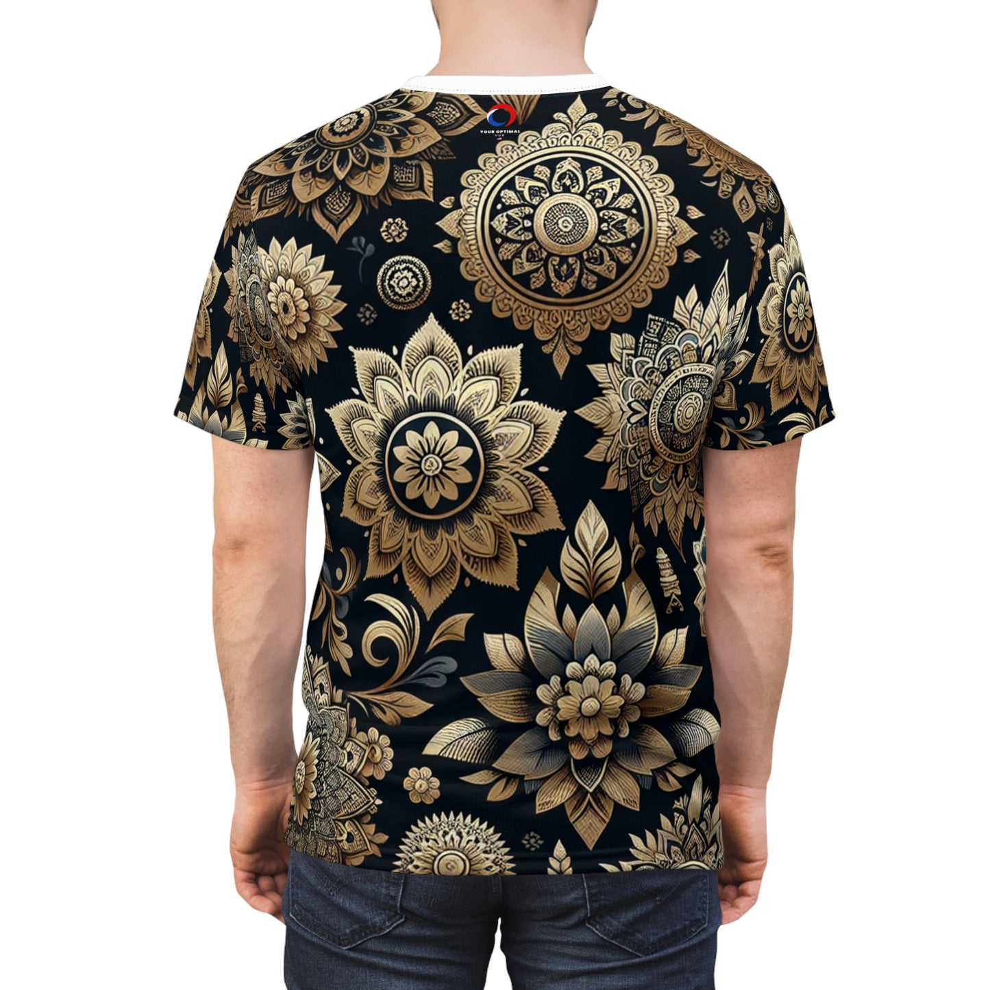 Gold on Black Indian Pattern Tee – Reflective Floral & Geometric Motif Design Shirt