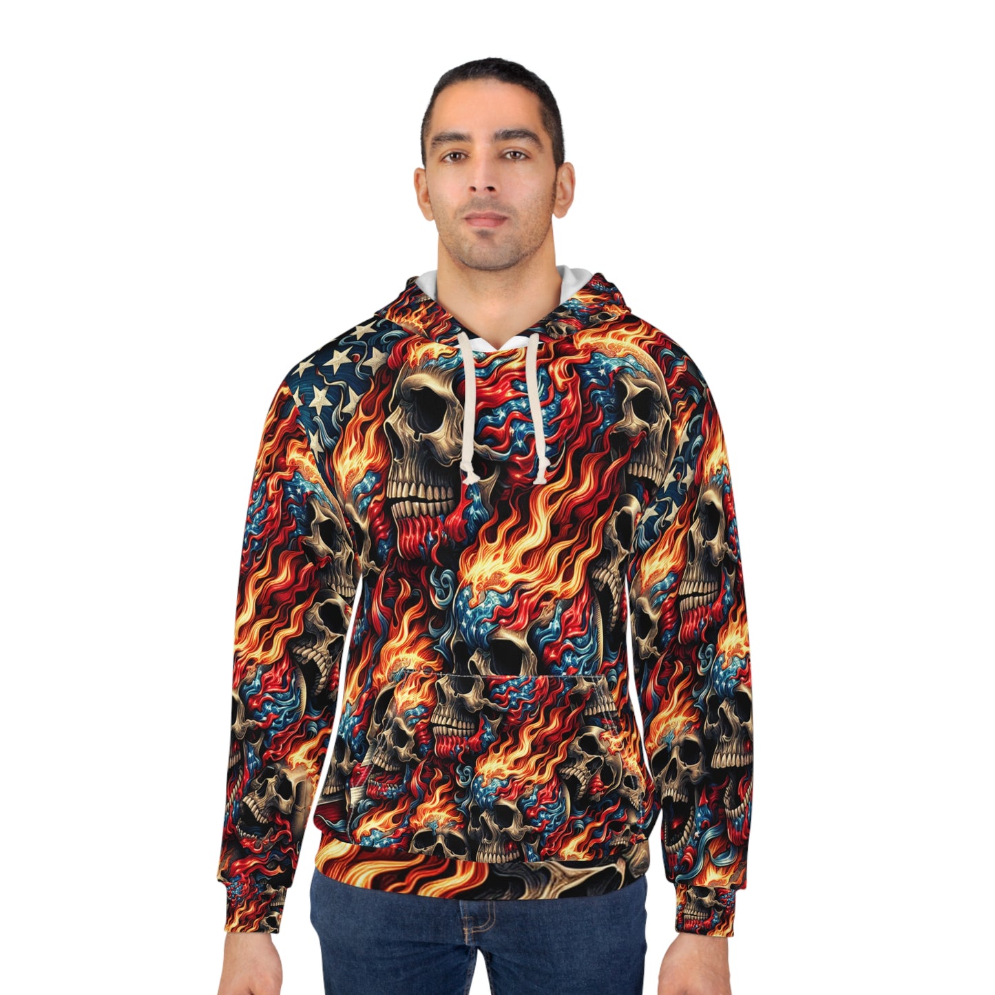 Inferno Patriot: Tattoo-Inspired, Skull-Intensive, American Flag-Motif Hoodie - Patriotic Streetwear Hoodie