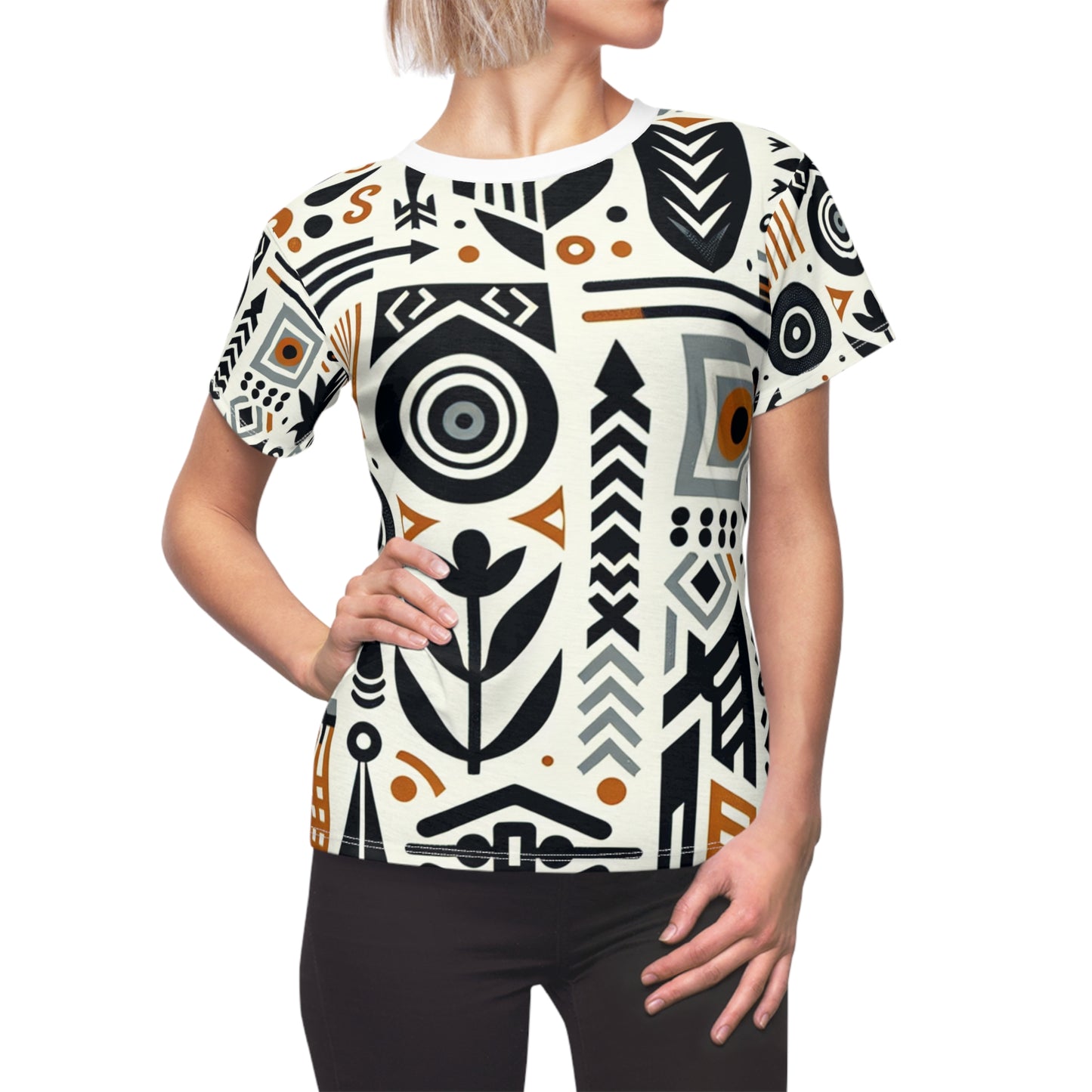 Modern Afro-Graphic Women's Tee: Monochrome & Orange Nature-Warfare Prints, Abstract Artistic Unity - African Tribal Pattern-Inspired