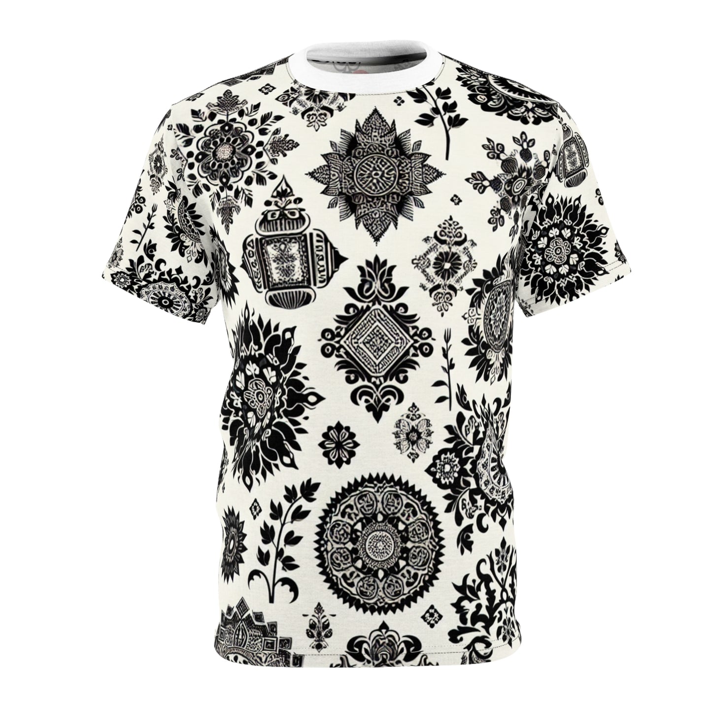 Traditional Indian Motifs Collection: Black & White Geometric & Floral Seamless Patterned T-Shirt - Intricately Crafted with Modern Minimal Aesthetic