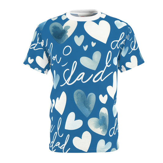 Father's Day Casual Love Theme T-Shirt - Watercolor Heart Pattern & Handwritten Kid's Scribble - Bold Blue Color - Gift for Him