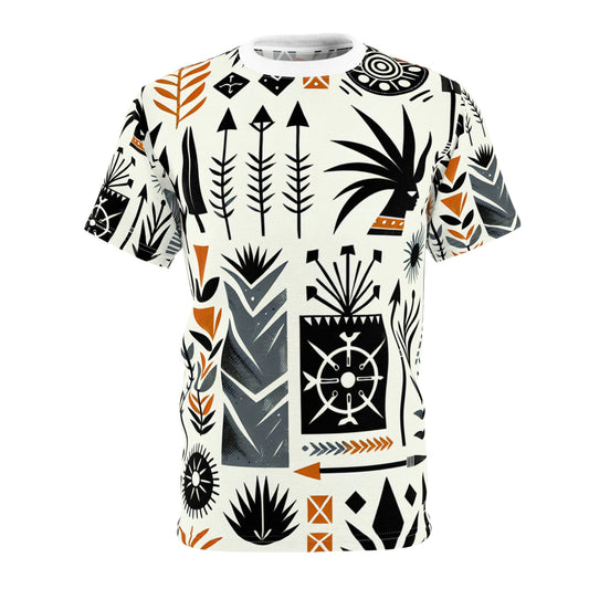 Modern African Artistry Tee: Monochromatic Spearhead & Shield Pattern + Orange Accents - African Tribal Pattern-Inspired