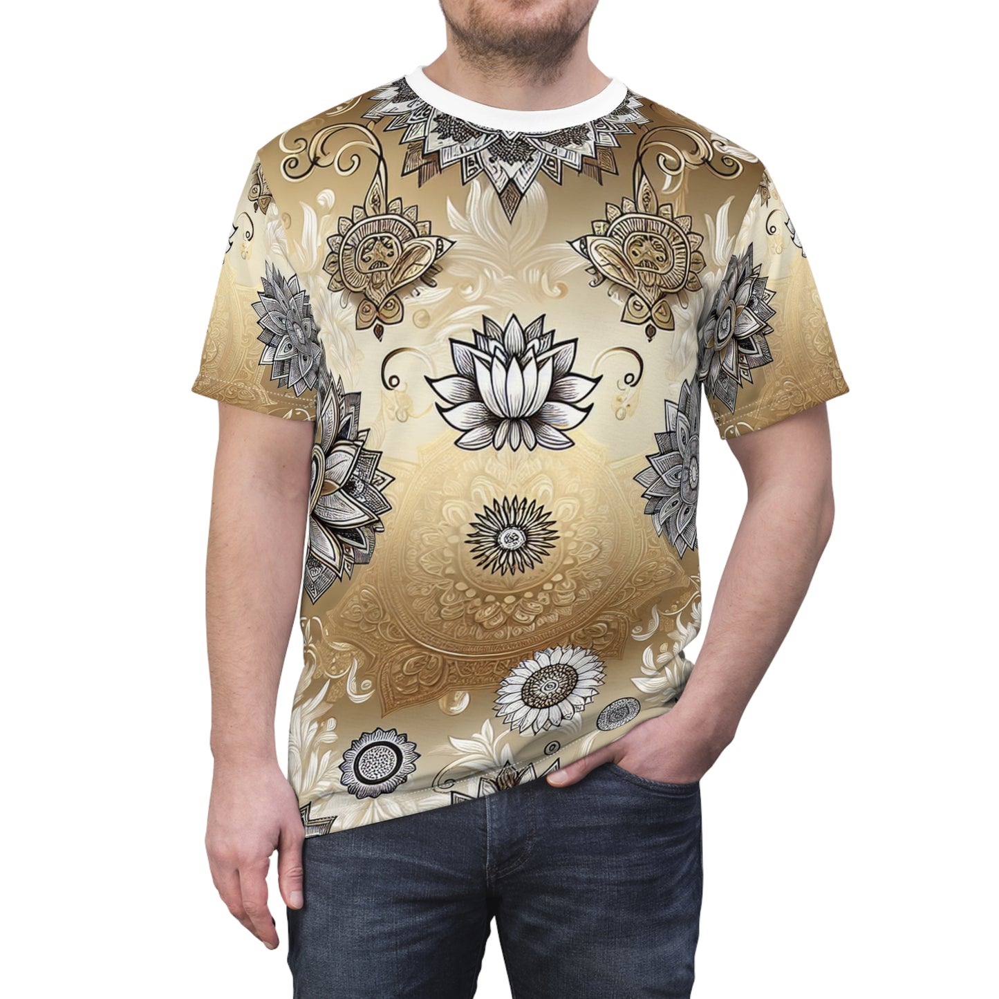 Golden Heritage T-Shirt: A Seamless Fusion of Traditional Indian Motifs in Reflective Gold and White