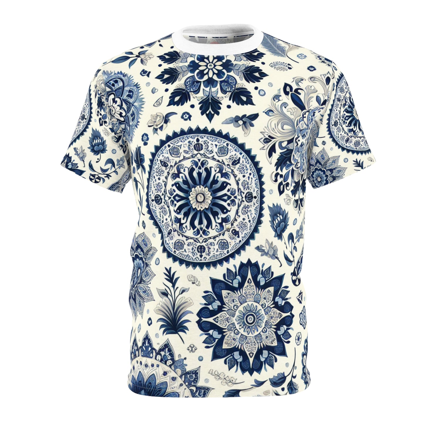 Classic Indian Motif Patterned T-Shirt: Seamless Traditional Design, Intricate Floral & Geometric Shapes in Blue-White Palette - Traditional Indian Motifs Tee