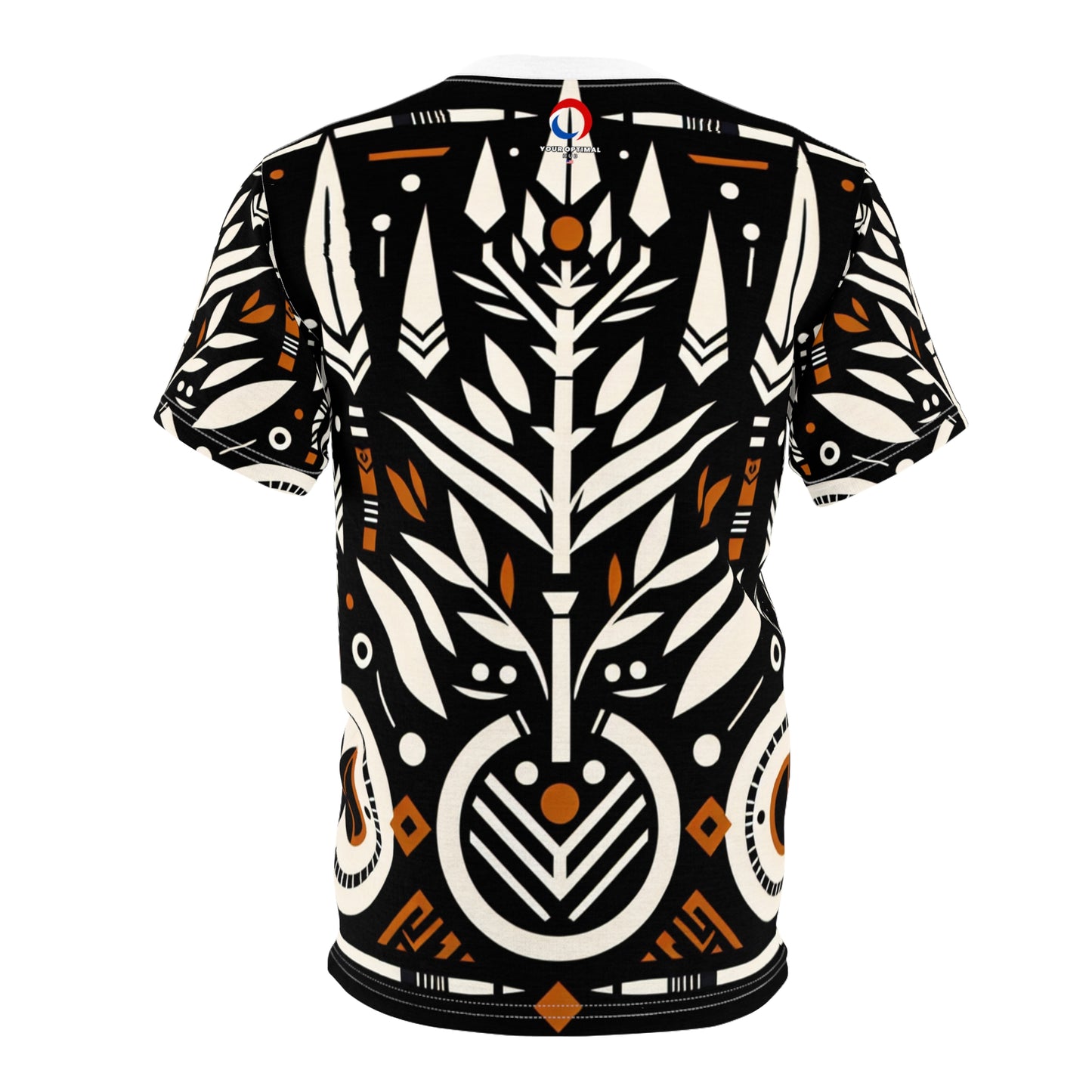 Bold African Artistry T-shirt: Monochrome, Orange Accents, Nature & Warfare Symbols - African Tribal Pattern-Inspired Tee