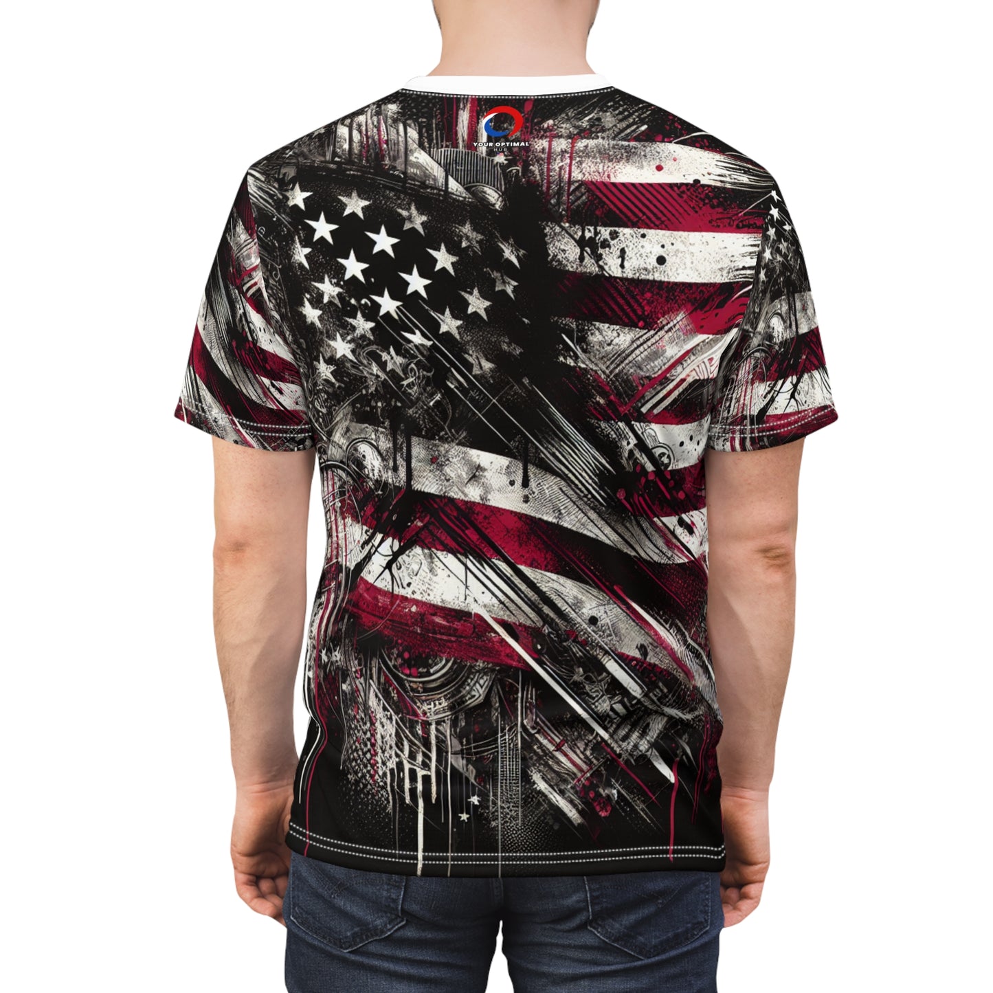 Grunge Patriotic Power: Weathered American Flag Streetwear T-shirt with Edgy Urban Graffiti Elements - Patriotic Streetwear Tee