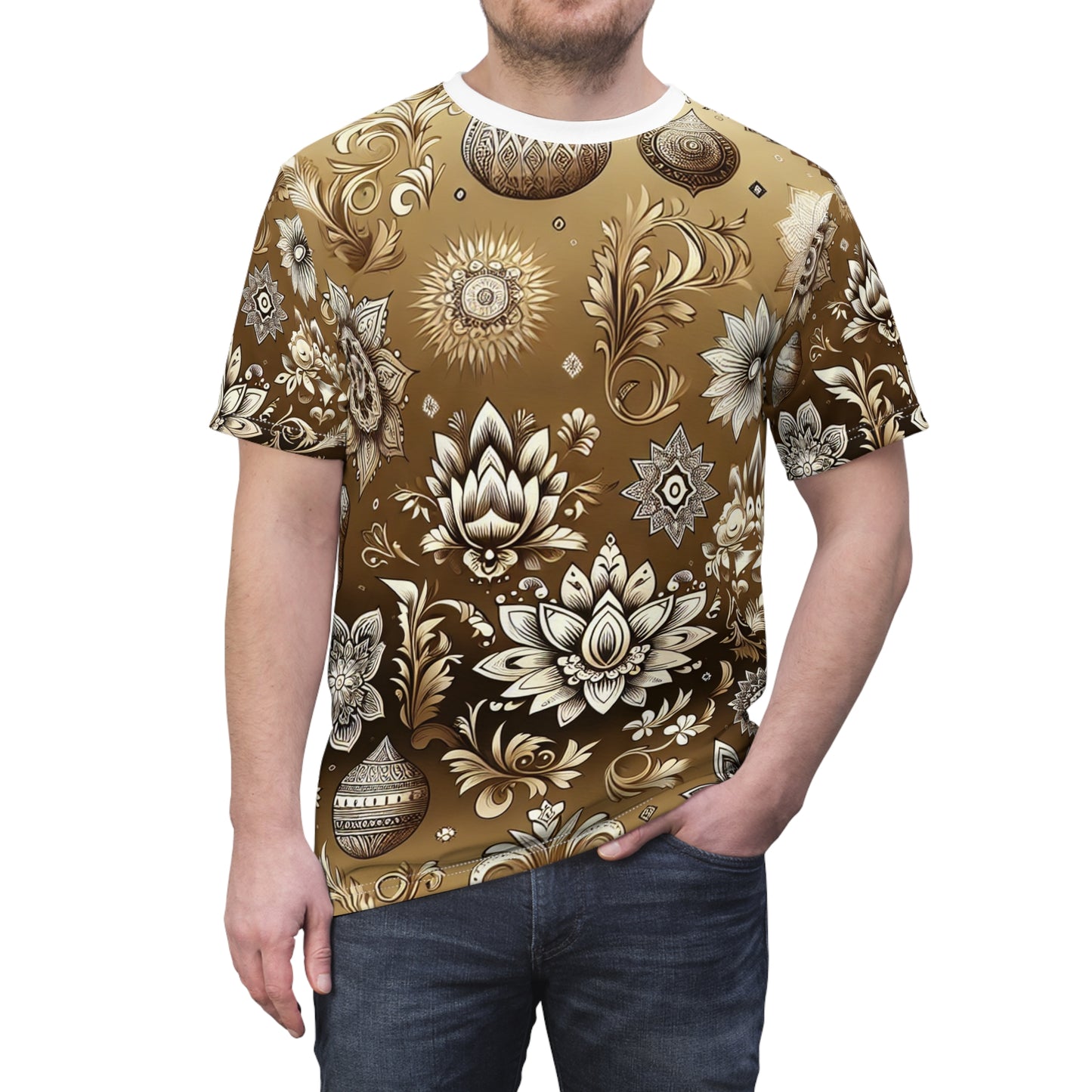 Traditional Indian Motifs Seamless Pattern T-shirt: Intricate Floral-Geometric White Designs on Shiny Gold - Modern & Rich Cultural Heritage Inspired Tee