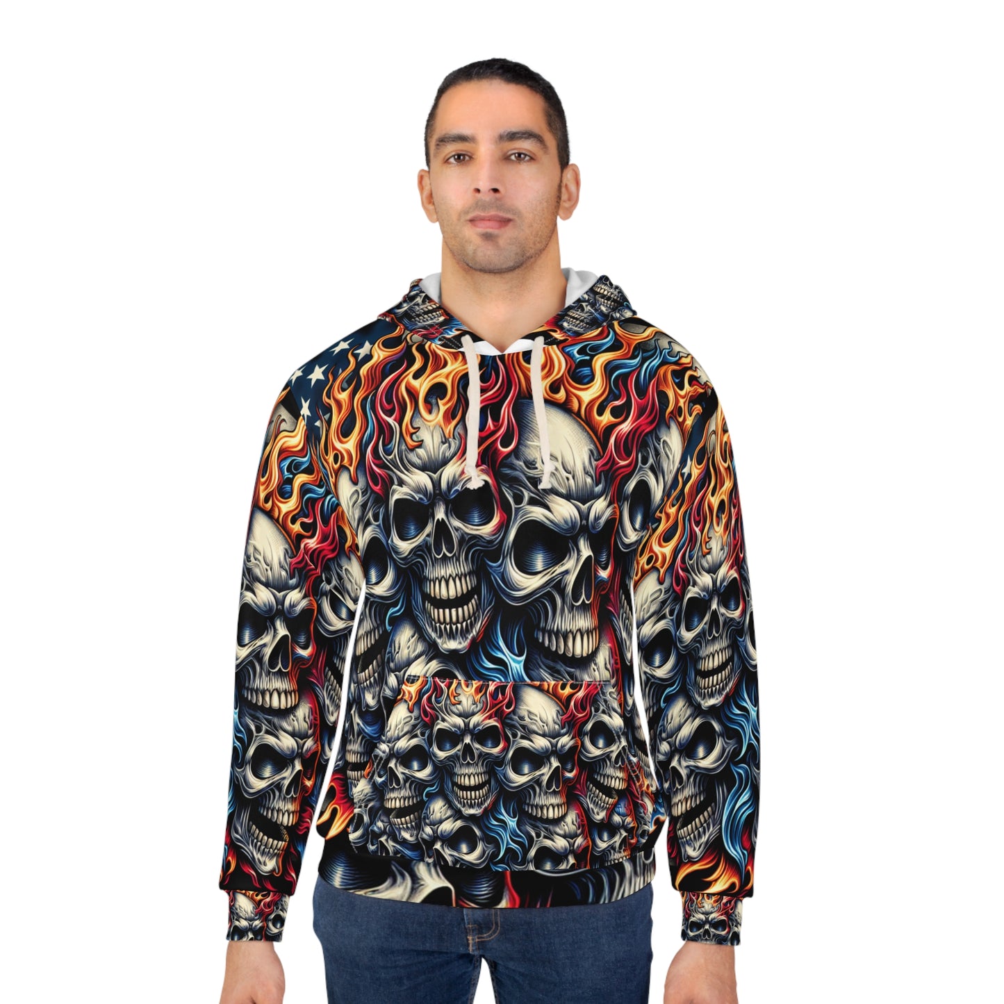 Menacing Blaze: Enflamed Skulls on Patriotic Ground Hoodie - Patriotic Streetwear Hoodie